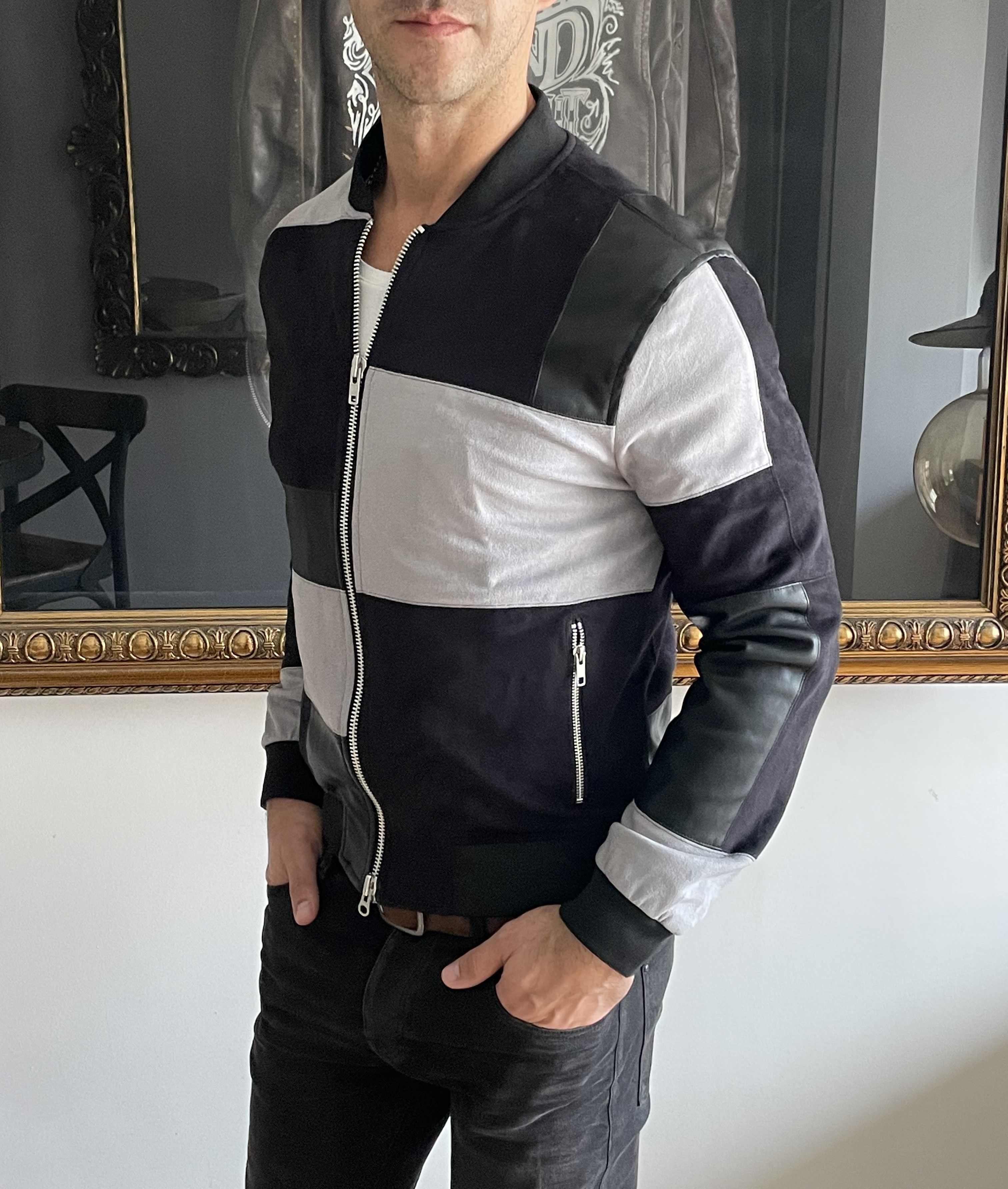 Other Patchwork Leather Suede Black Grey Bomber Jacket Sandro Size US M / EU 48-50 / 2 - 7 Thumbnail