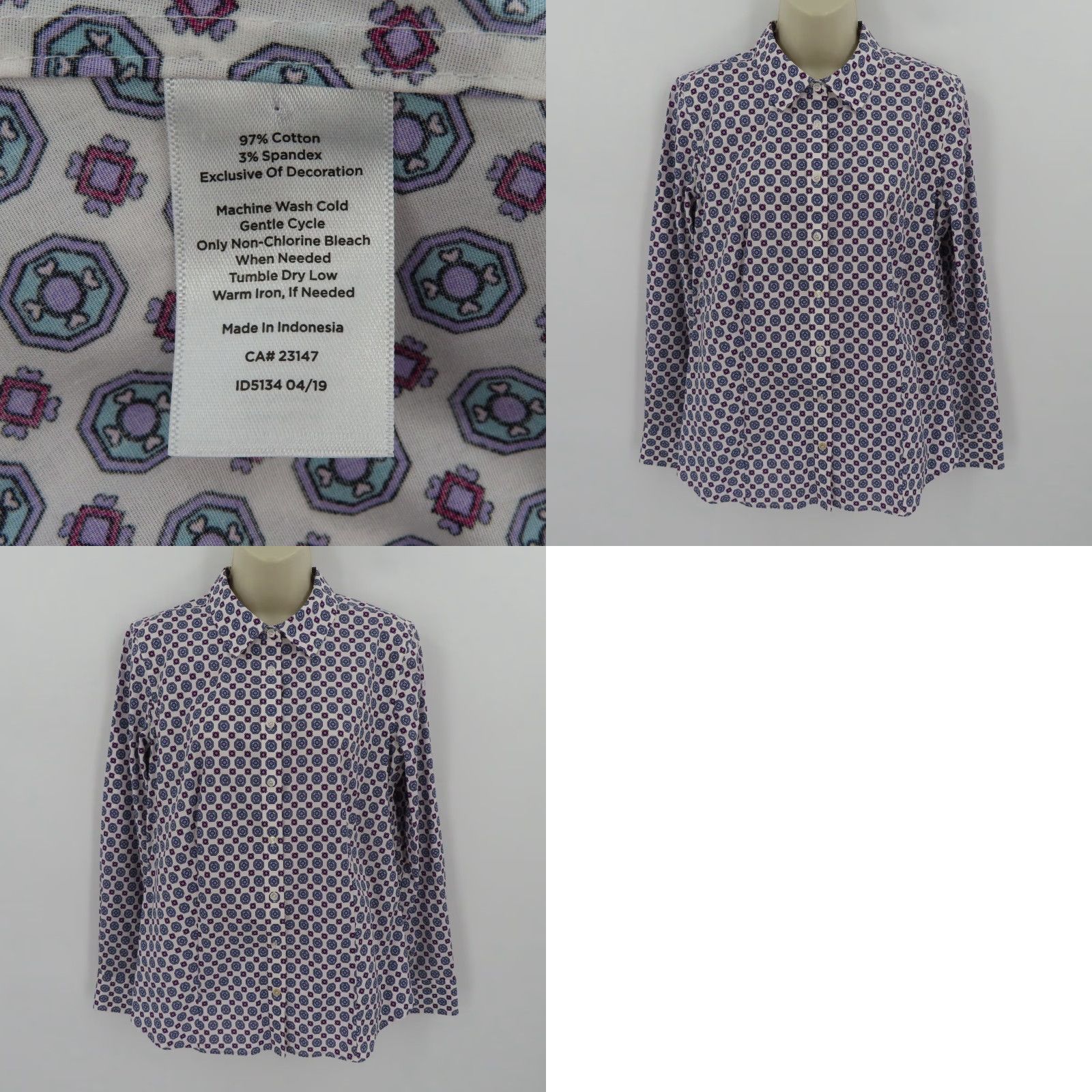 Talbots Talbots Womens 10 Non Iron Purple Blue Geometric Collar Button Shirt Top Blouse Size L / US 10 / IT 46 - 8 Thumbnail