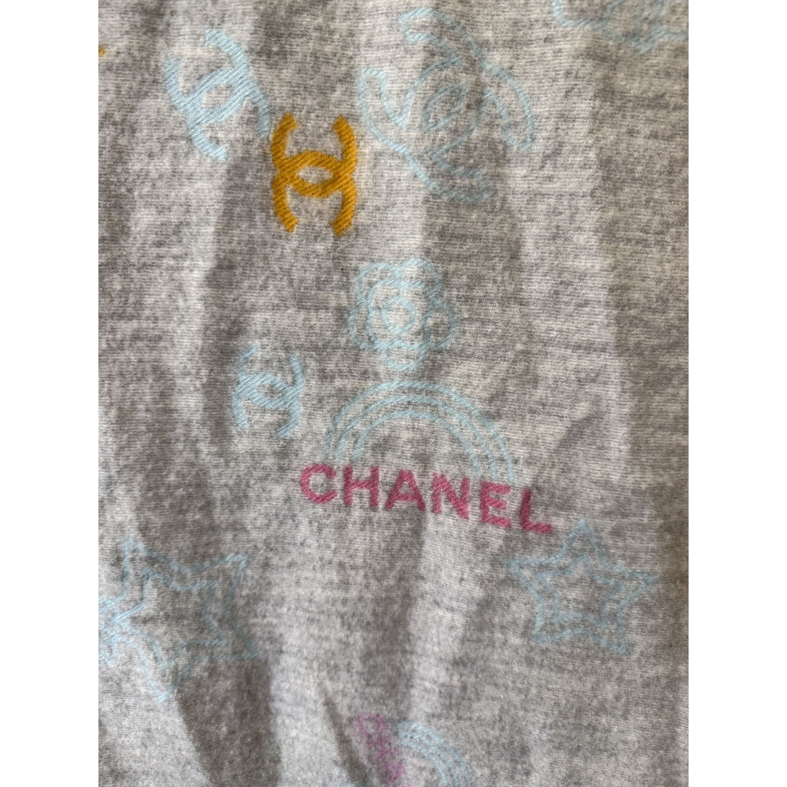 Chanel Chanel Gray Multicolor Logo Pattern Scarf 43% Cashmere 36% W Size ONE SIZE - 12 Thumbnail