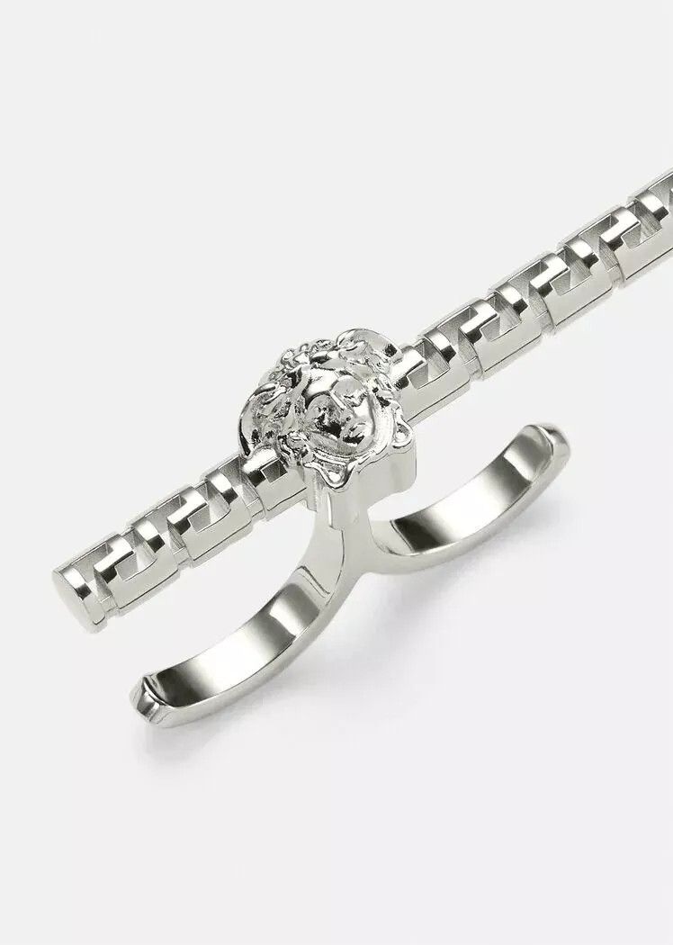 Versace VERSACE Medusa Greca silver tone metal two finger ring Size ONE SIZE - 1 Thumbnail