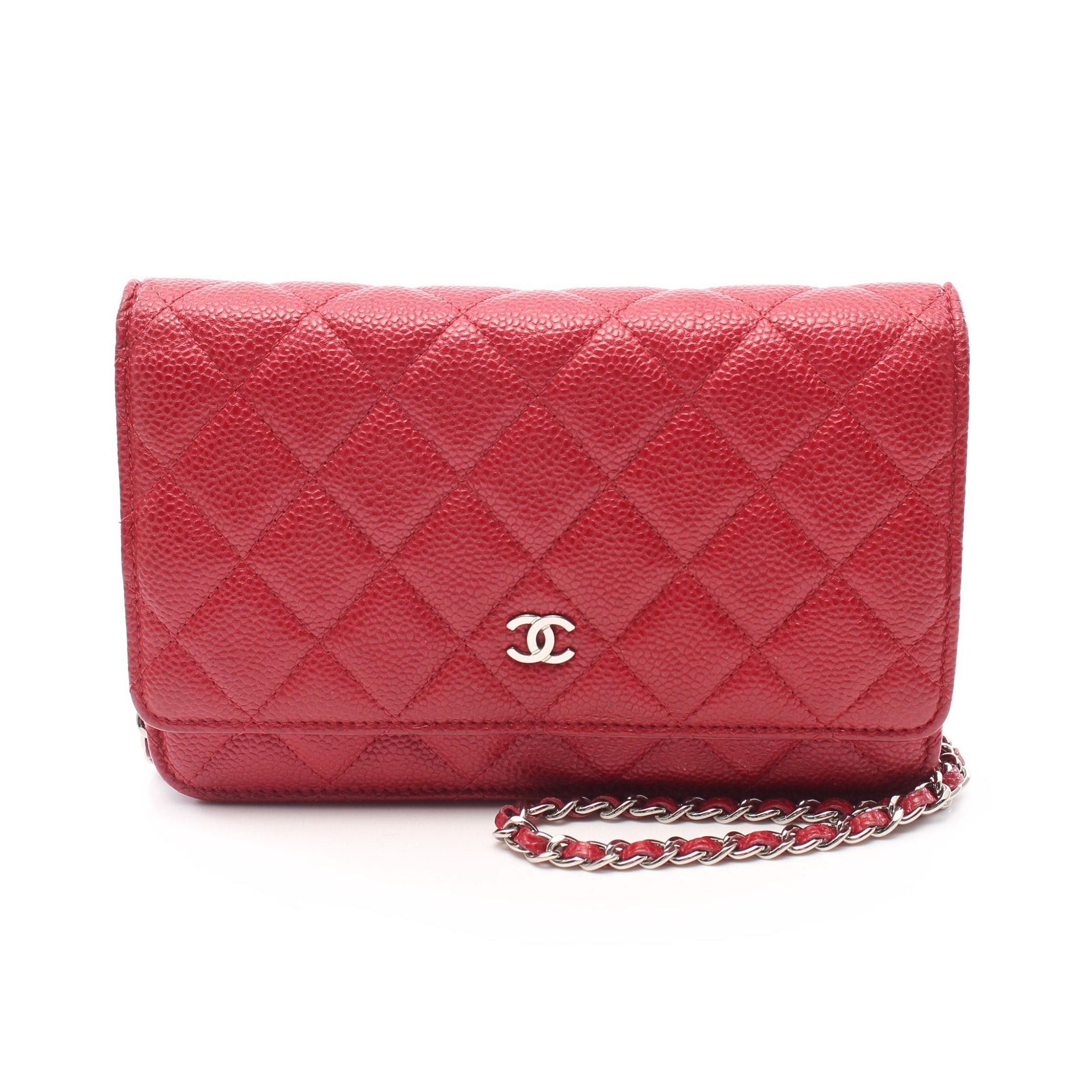 image of Chanel Matelasse Chain Wallet Caviar Skin Red Silver Hardware, Women's