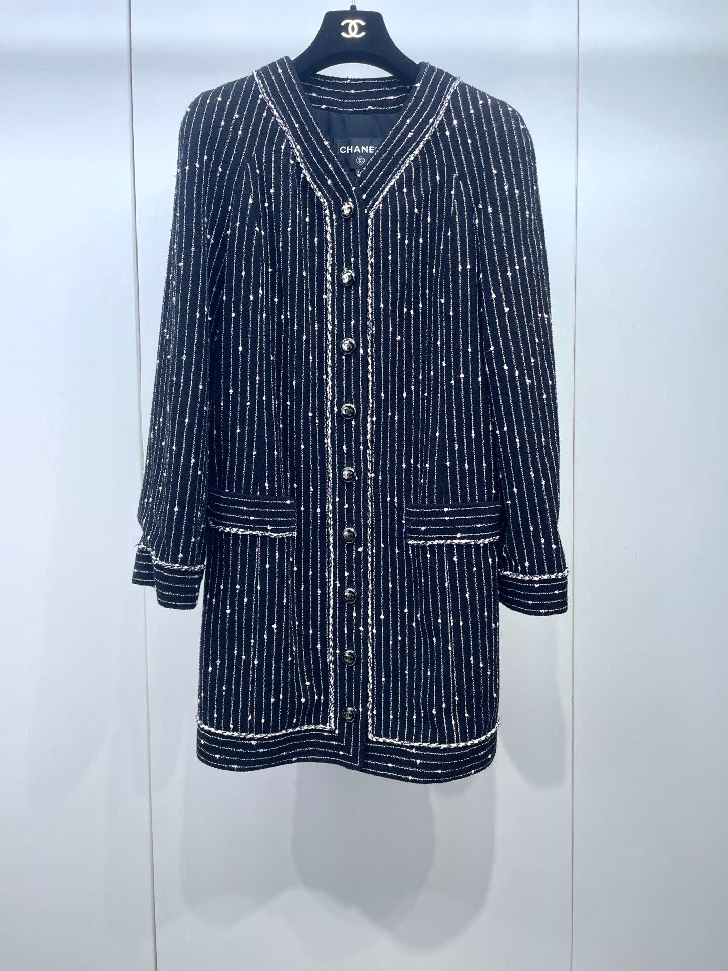 Chanel Striped Tweed Long Coat