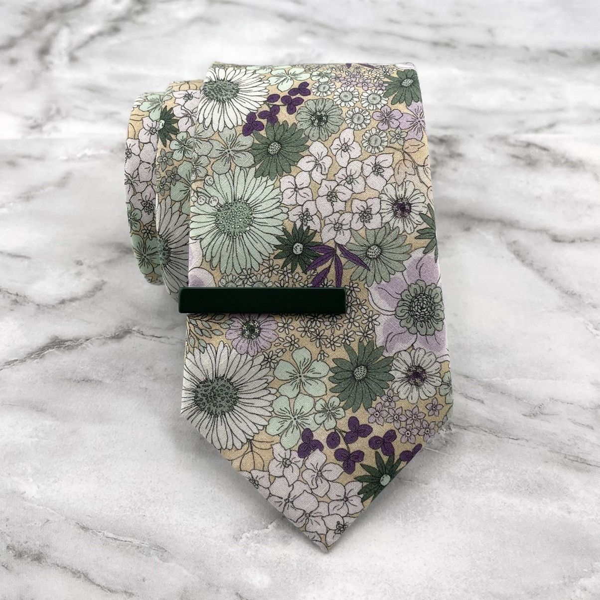 Other Men’s Cream Floral Slim Necktie & Dark Green Tie Bar Size ONE SIZE - 1 Thumbnail