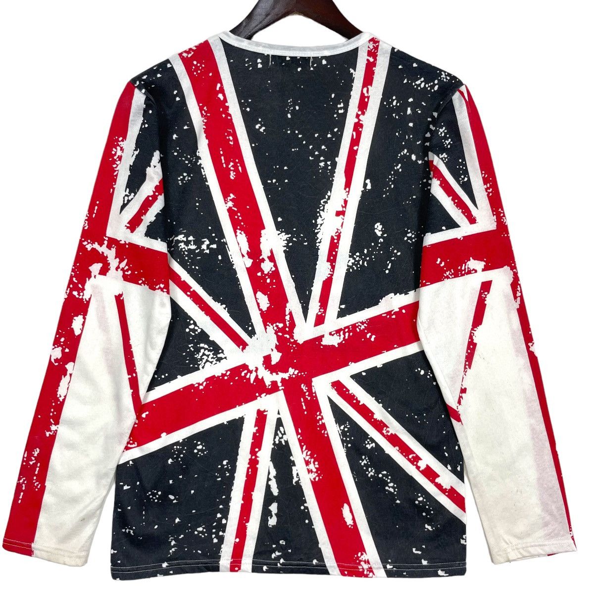 image of Designer Union Jack British Flag Tshirt Long Sleeve Fullprint in White, Men's (Size Small)