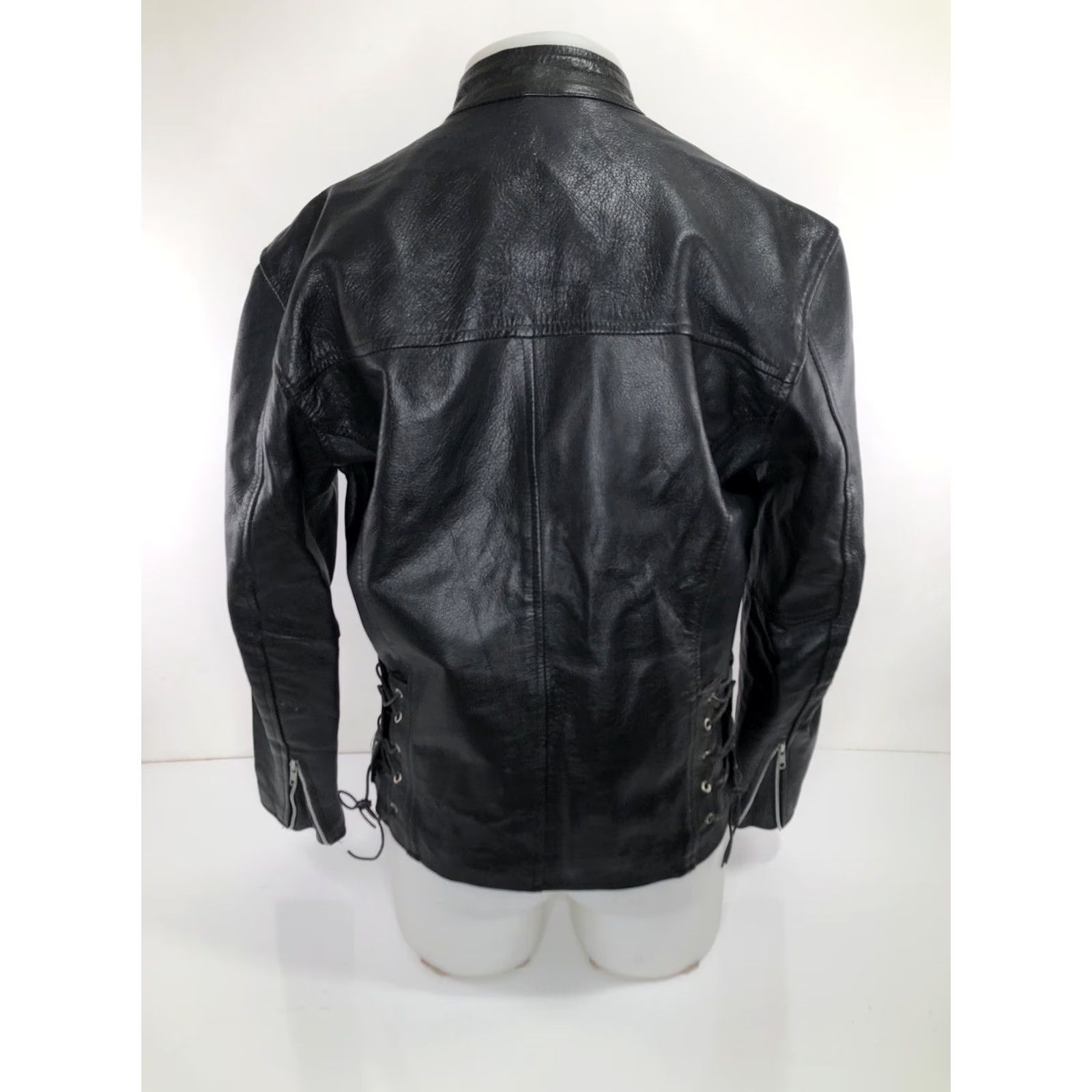 Vintage ALLSTATE LEATHER - MOTO Jacket Men 40 Black Collarless Lace Side Racing Biker Motorcycle 1990s Size US XXS / EU 40 - 4 Thumbnail