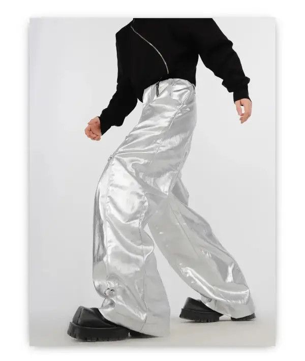 Silver Pu Leather Pants with Many Zippers Trousers