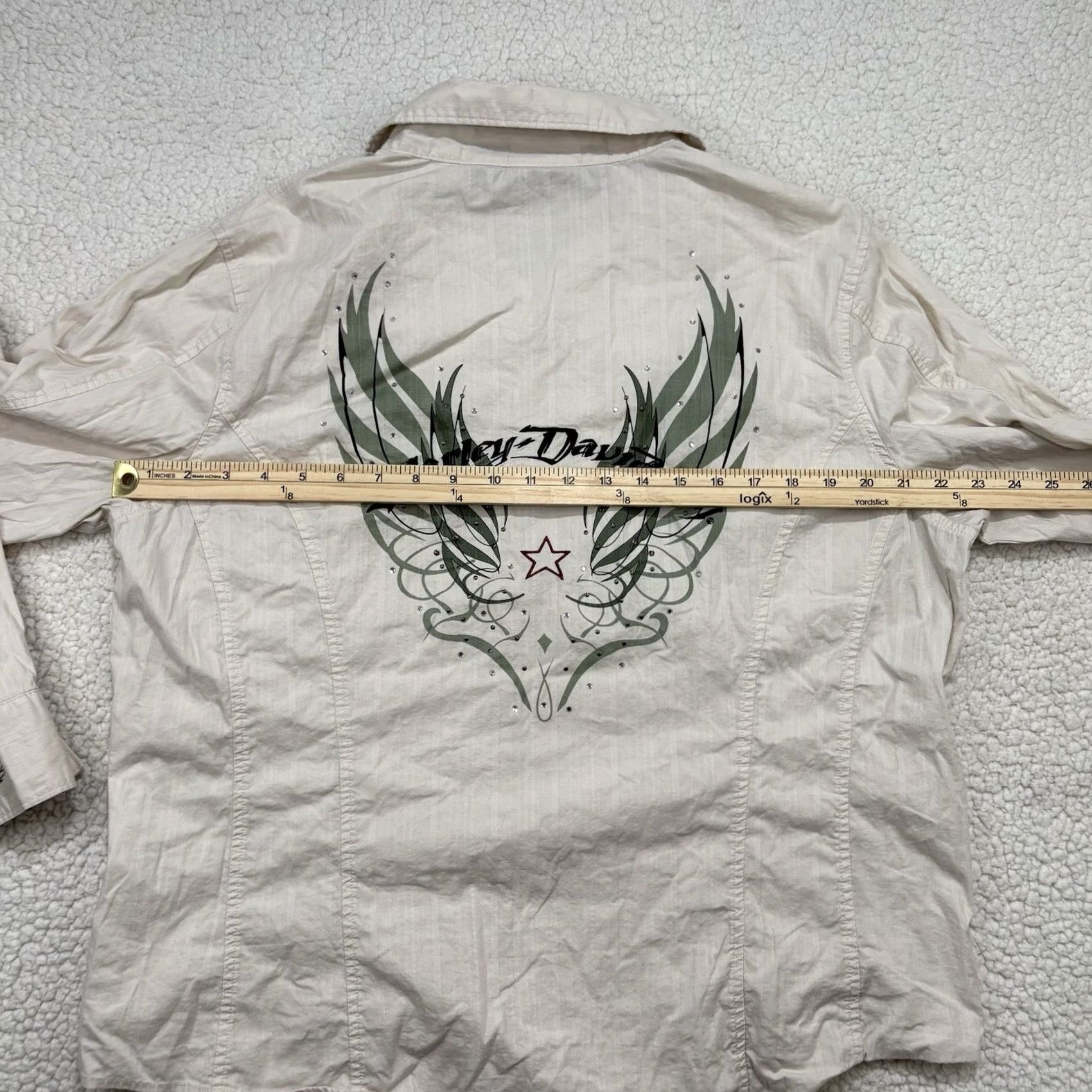 Harley Davidson Harley-Davidson Button-Up Shirt Womens 1X Plus Ivory Cotton Spandex Embroidered Rhinestone Size XL / US 12-14 / IT 48-50 - 5 Thumbnail