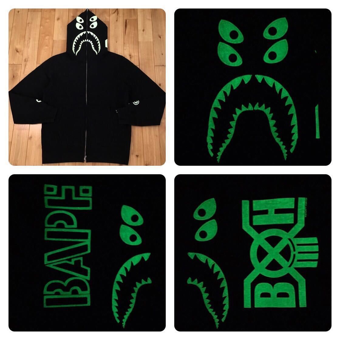 image of Bape × Bounty Hunter Glow In The Dark Shark Full Zip Hoodie in Black, Men's (Size Large)