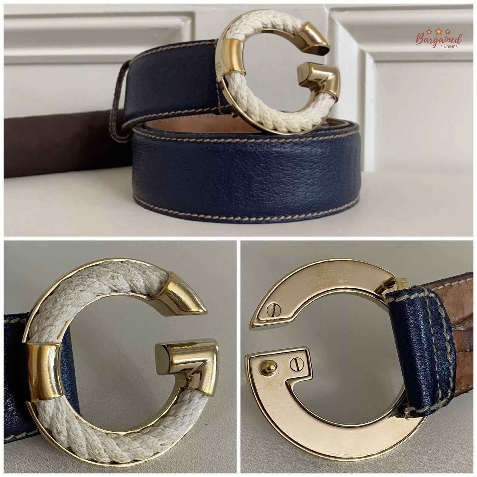 Gucci GUCCI Navy Calfskin Leather Gold Braided G Logo Buckle Belt Size 32 - 2 Thumbnail