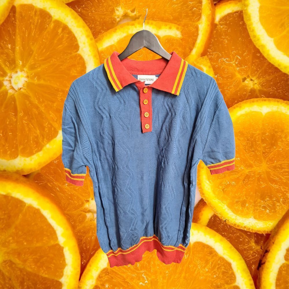 Other OXKNITSTORE Retro Knit Polo Shirt Blue Orange Striped Collar Size US L / EU 52-54 / 3 - 2 Thumbnail