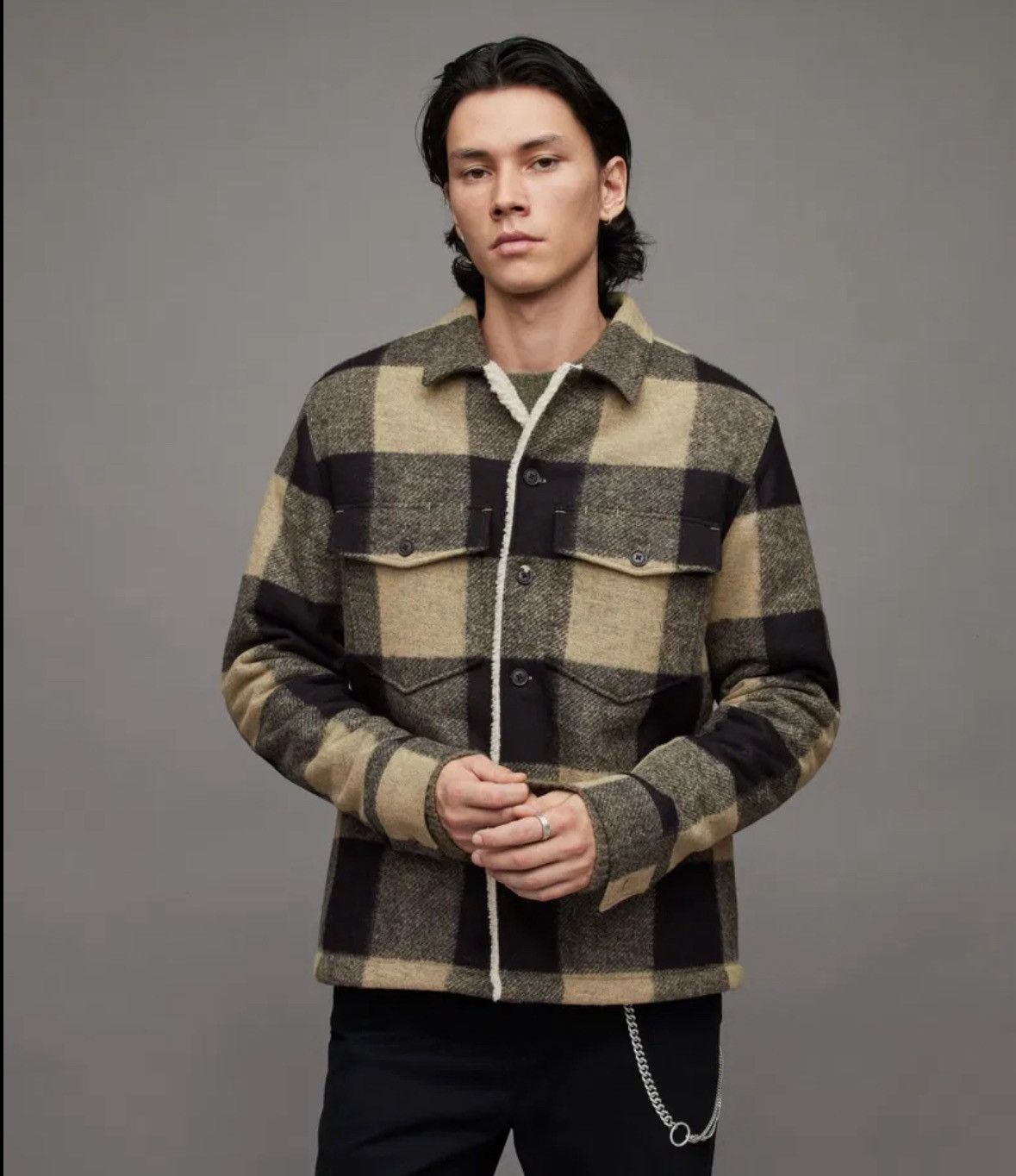 Allsaints Drexel Sherpa lined flannel plaid Chekered jacket