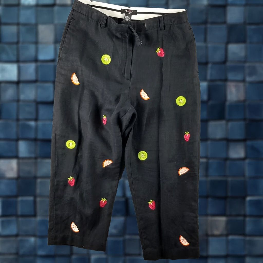 Vintage Rosanna Linen Pants Woman 12P Petite Embroidered Fruit Strawberries Kiwi Crop Vintage Rosanna Petite Wide-Leg Cropped Beach Summer 12P Womens Size 34" / US 12 / IT 48 - 1 Thumbnail