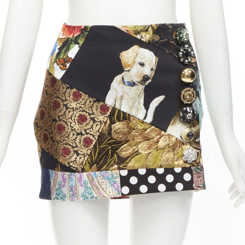 Dolce & Gabbana DOLCE GABBANA black colorful dog patchwork jewel embellished mini skirt IT36 XS Size 25" / US 0 / IT 36 - 1 Thumbnail