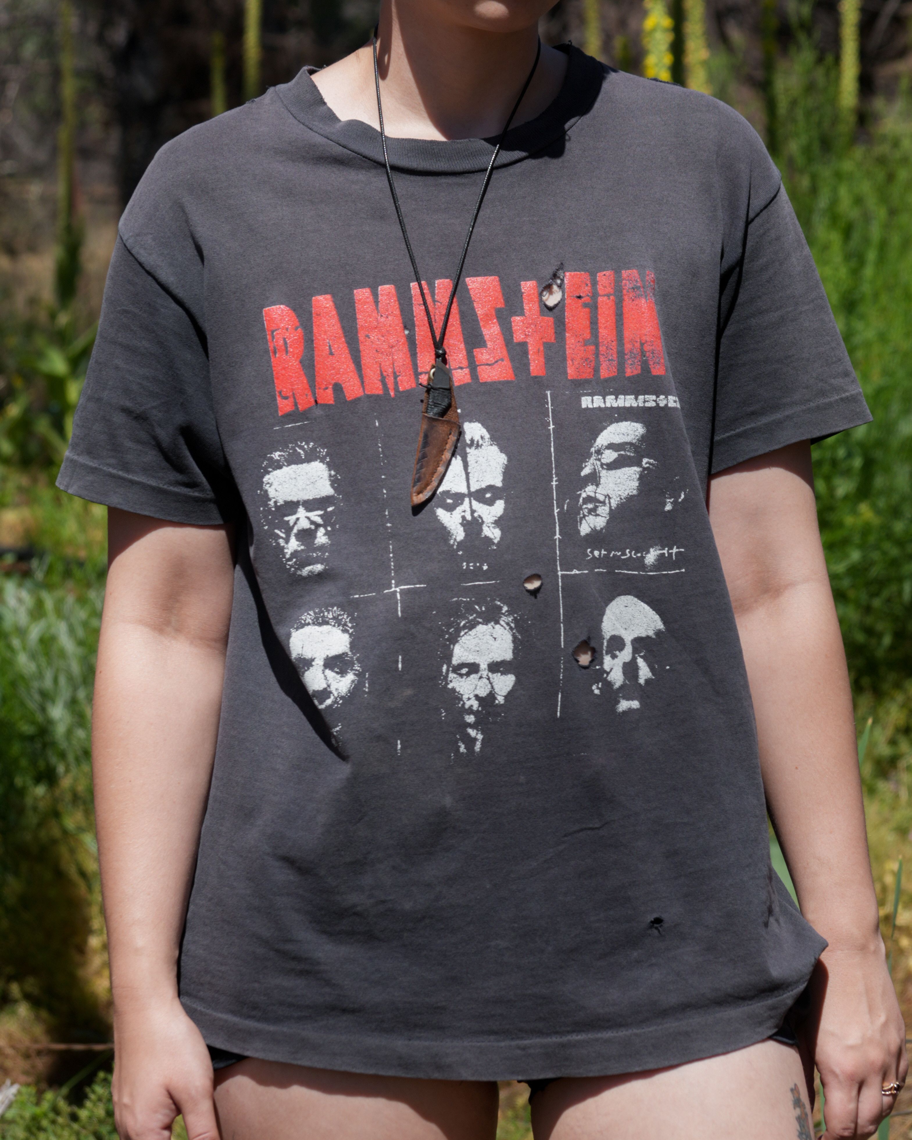 image of Band Tees x Rock T Shirt Sun Faded 90's Vintage Rammstein Grunge Band T Shirt in Black (Size Large)