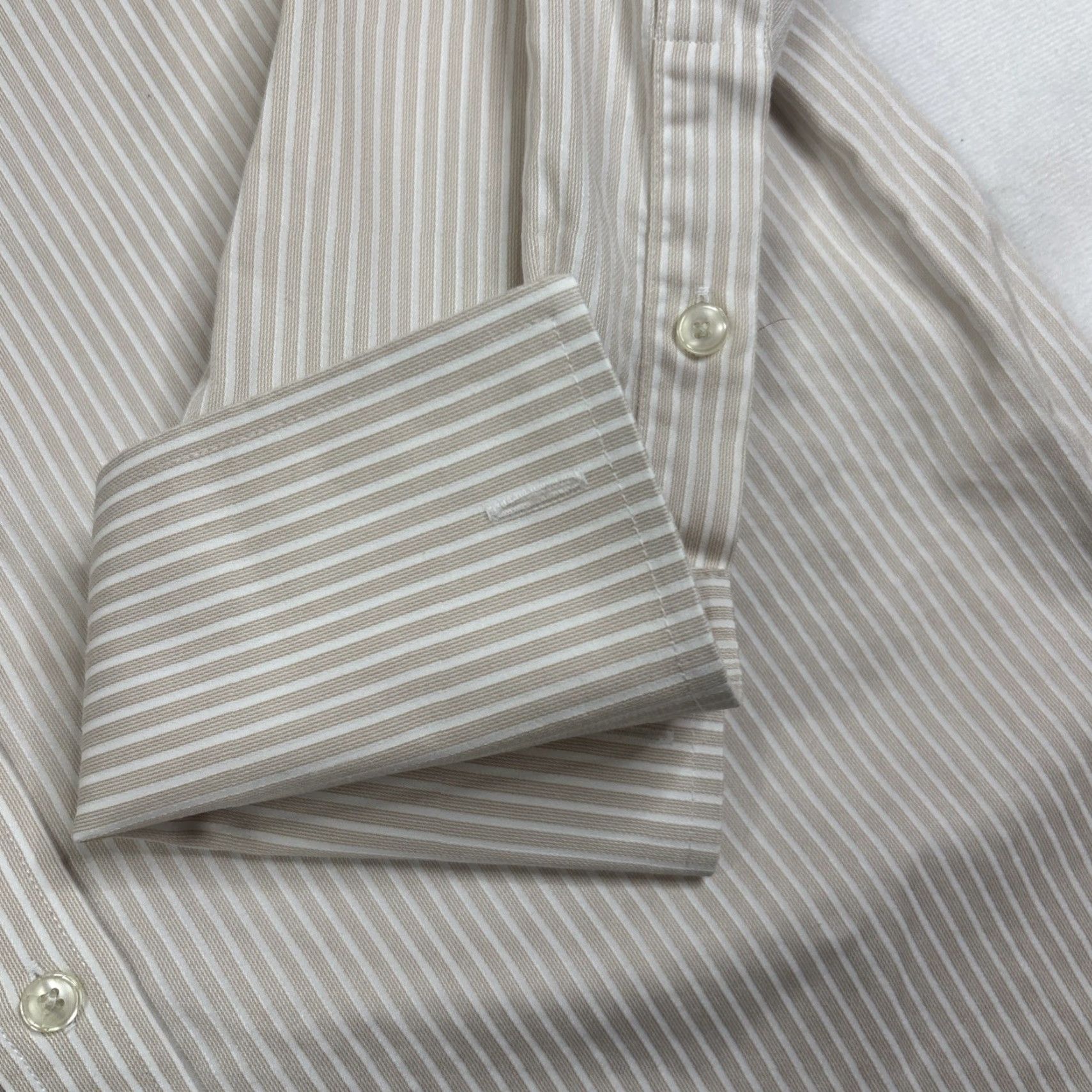 Tasso Elba Tasso Elba Dress Shirt Men L Regular Fit French Cuff Non-Iron Striped Beige Size 42R - 4 Thumbnail