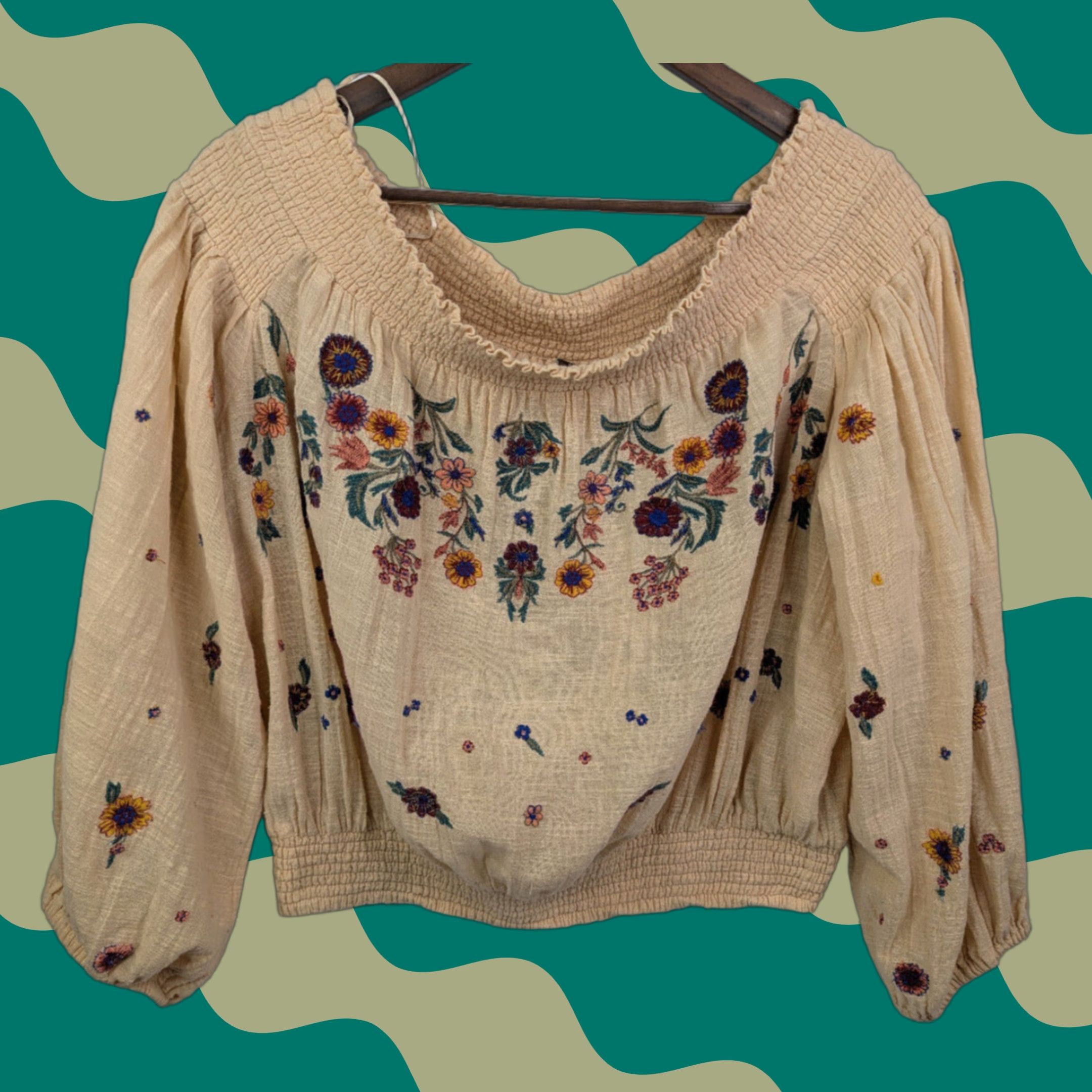 Free People Free People Saachi Embroidered Smocked Off Shoulder Boho Crop Top Womens Large Beige Floral Size L / US 10 / IT 46 - 1 Thumbnail
