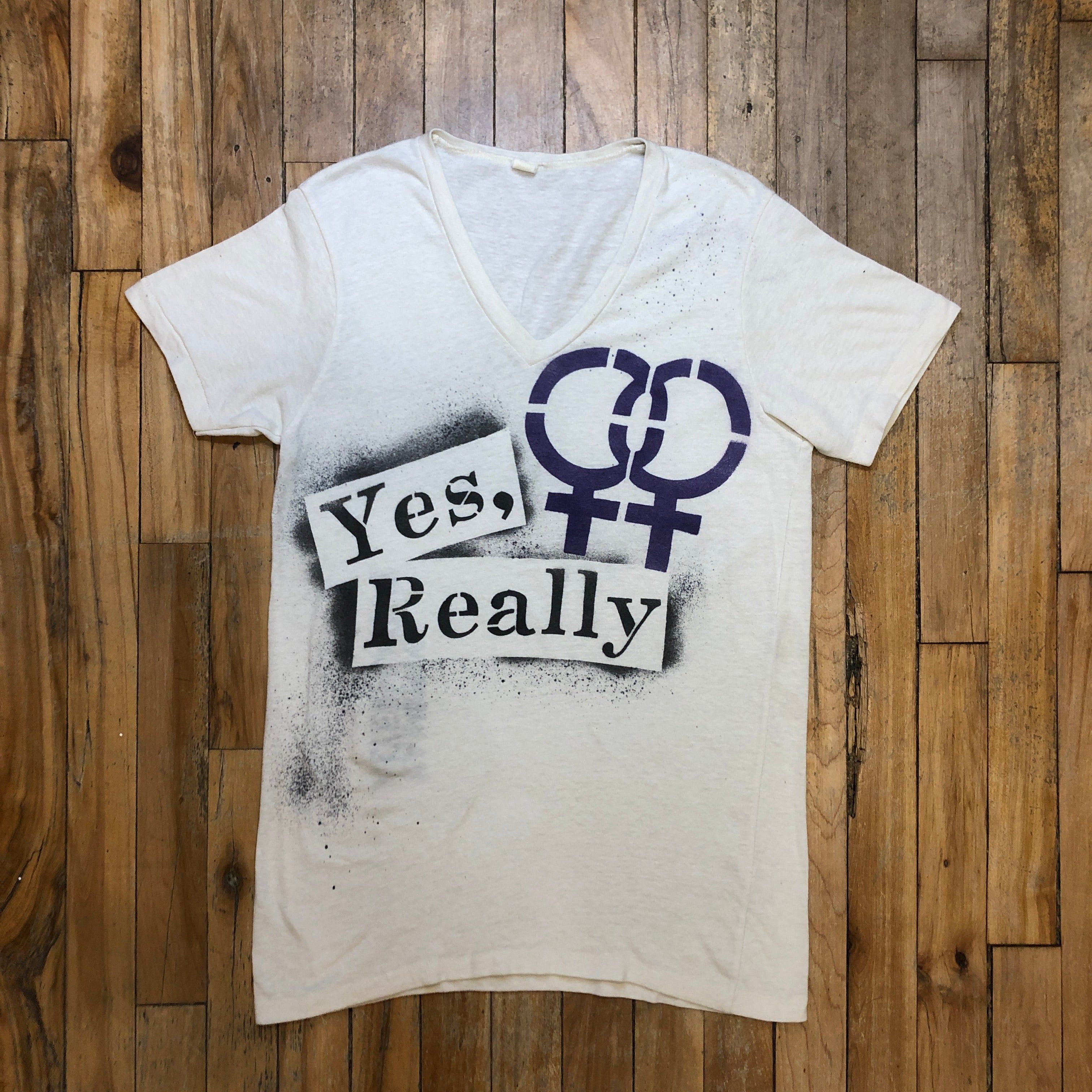 Native LGBT "Yes, Really" Rainbow Alternative Single Stitch Vintage Graphic V-Neck T-Shirt Size Small Size US S / EU 44-46 / 1 - 3 Thumbnail