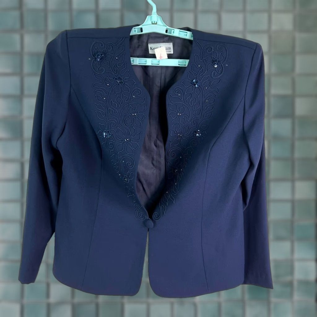 Karen Millen Karen Miller Blazer Womens Size 16 Blue Floral Embroidered Sequin 100% Polyester Lined Shawl Front One-Button Regular Fit Jacket Vintage: No Size XXL / US 16-18 / IT 52-54 - 1 Thumbnail