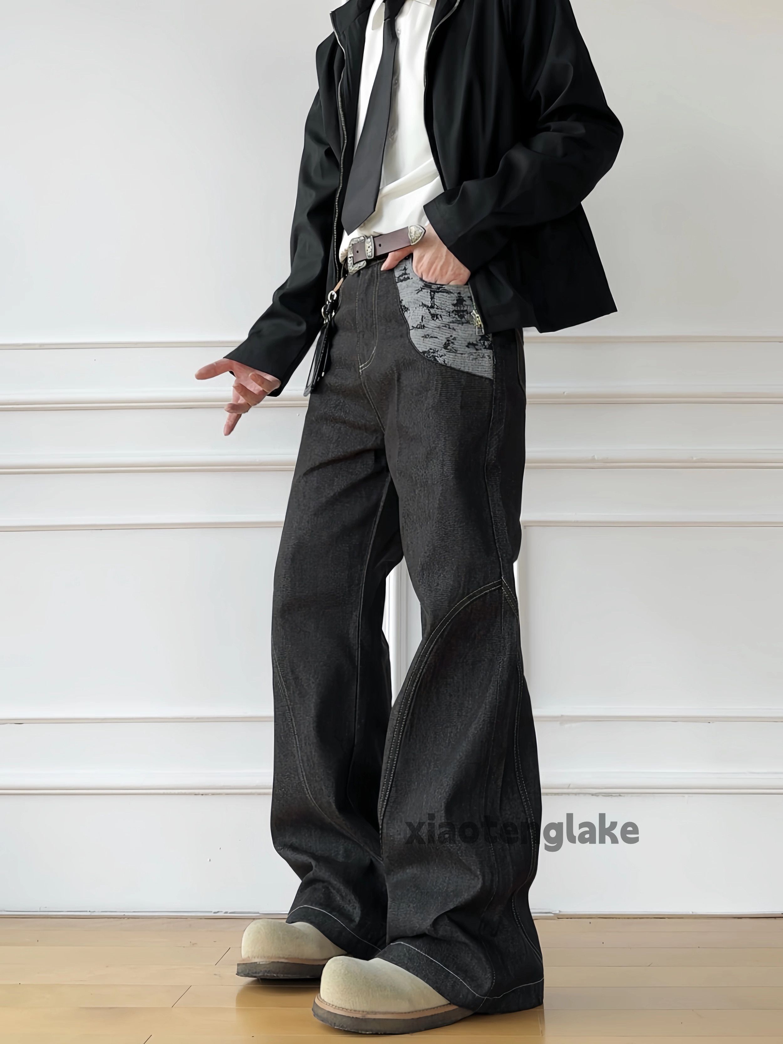 Utility punk yuppie bootcut patchwork cargo jeans