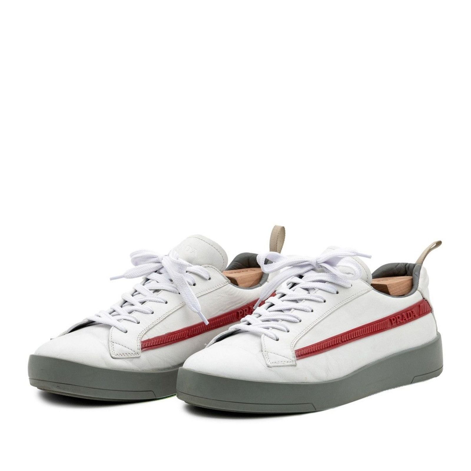 Iconic Prada Linea Rossa Logo Leather Men's Sneakers Shoes in White (Size 8.5)