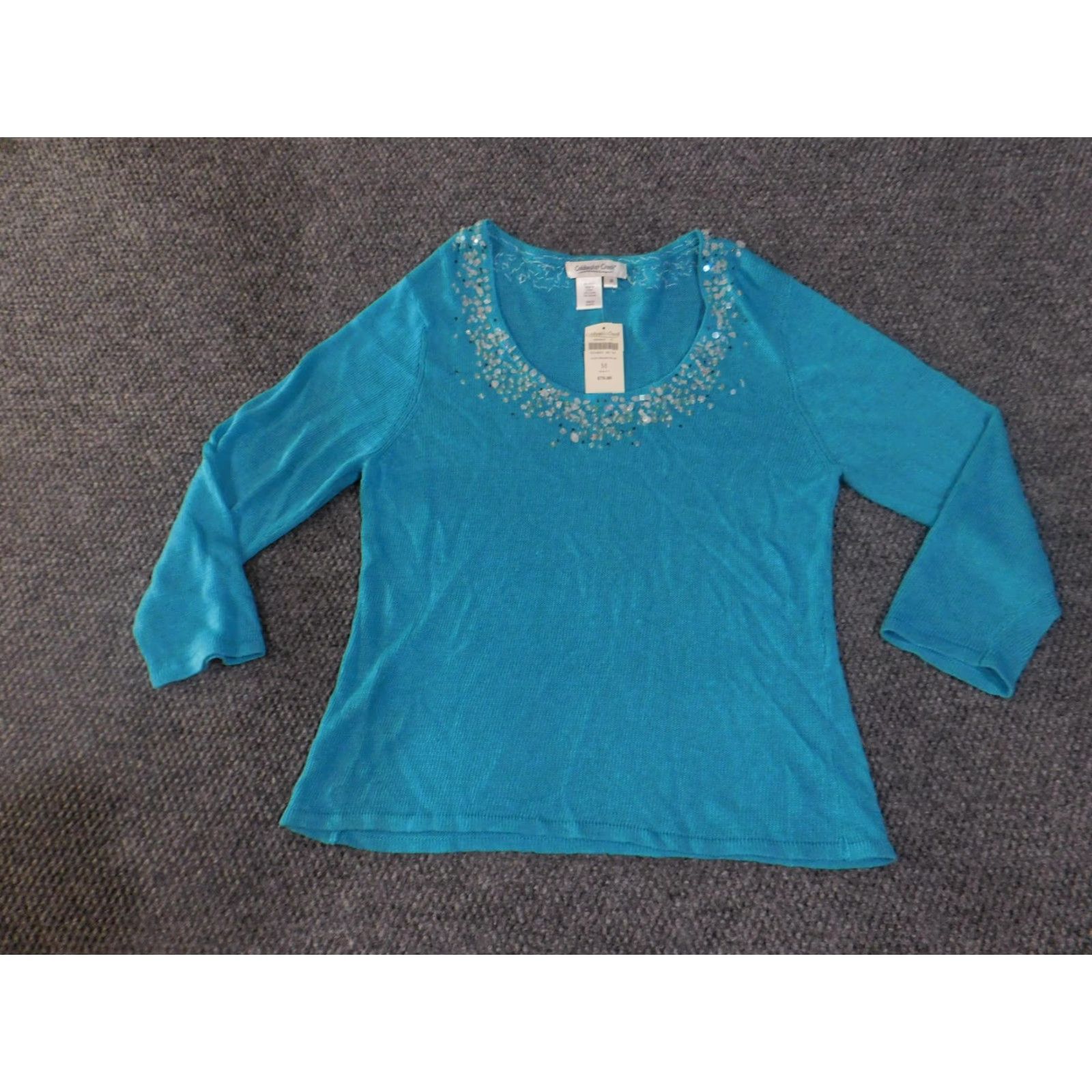 Coldwater Creek Coldwater Creek Sweater Womens Medium Teal Beaded Neck 3/4 Sleeve Linen Rayon Scoop Neck Pullover Knit Size M / US 6-8 / IT 42-44 - 2 Thumbnail