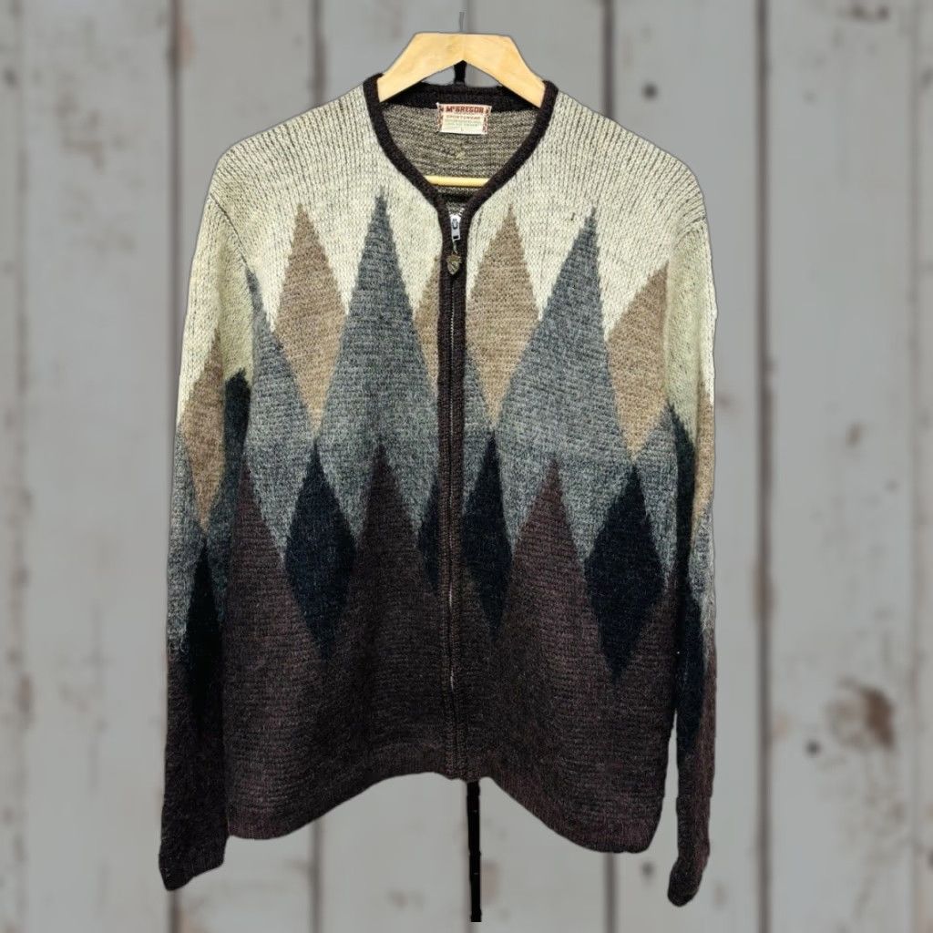 VINTAGE McGregor Cardigan Sweater Unisex Adults Wool Full Zip Multicolor Argyle Kid Mohair Worsted Wool L Long Sleeve Size L Mens Girls Women