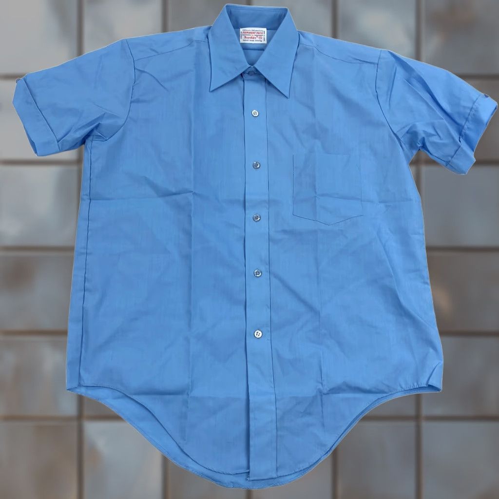 Vintage Permanent Press Shirt Mens 15.5 Large 1970s 70s Blue Short Sleeve Button Up Shirt Size US L / EU 52-54 / 3 - 1 Thumbnail