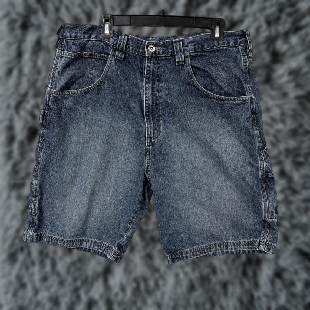 Wrangler VINTAGE Wrangler Cargo Shorts Mens 36x9 Blue Denim Carpenter Baggy Utility Cargo Pocket 90s Grunge Retro Workwear Summer Mens Size US 36 / EU 52 - 1 Thumbnail