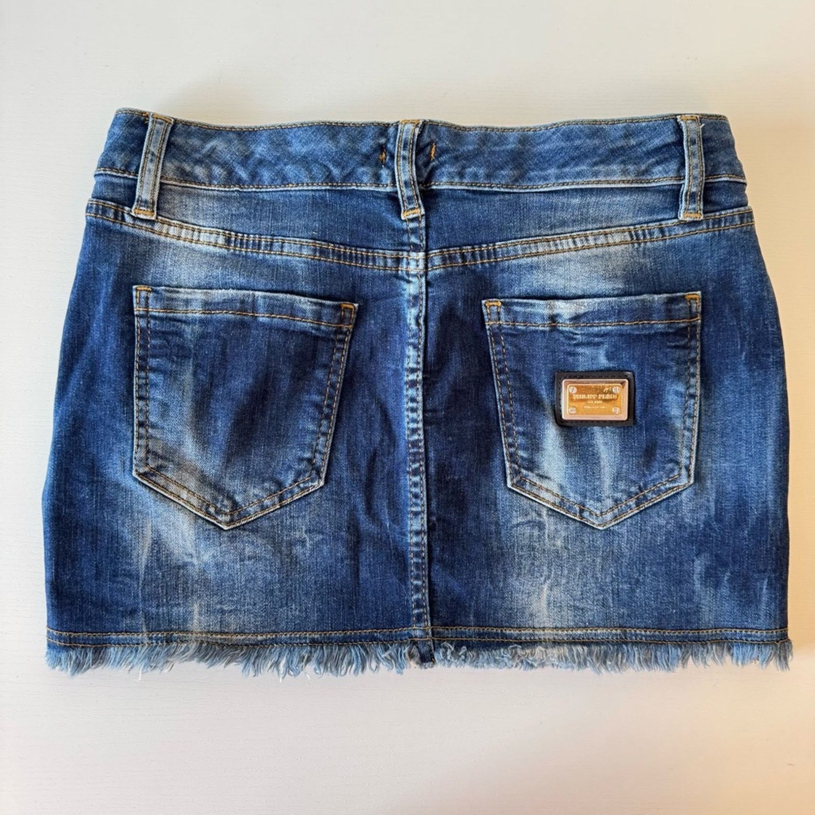 Philipp Plein PHILIPP PLEIN Embellished Denim Skirt Pearl Accents, Size 26 Size 26" / US 2 / IT 38 - 9 Thumbnail