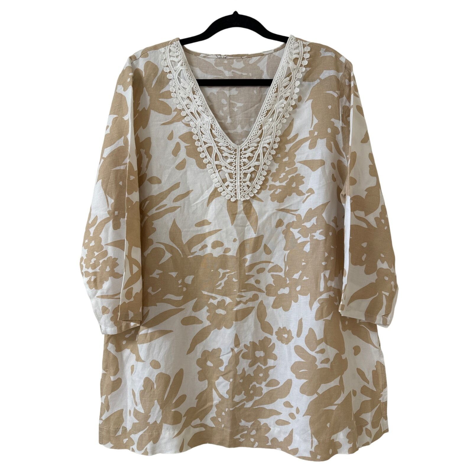Other Premise XL Linen 3/4 Sleeve Crochet Collar Beige Floral Top Size XL / US 12-14 / IT 48-50 - 1 Thumbnail