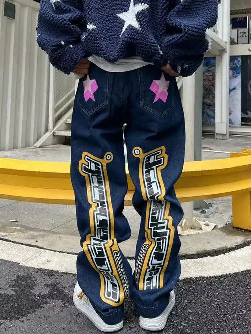 image of Jeans American Style Hip Hop High Waist Loose Layered in Blue, Men's (Size 26)