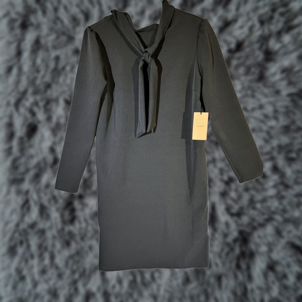 Vintage VINTAGE Halogen Women’s Shift Dress Small Black Polyester Stretch Tie Neck Pullover Size S / US 4 / IT 40 - 1 Thumbnail