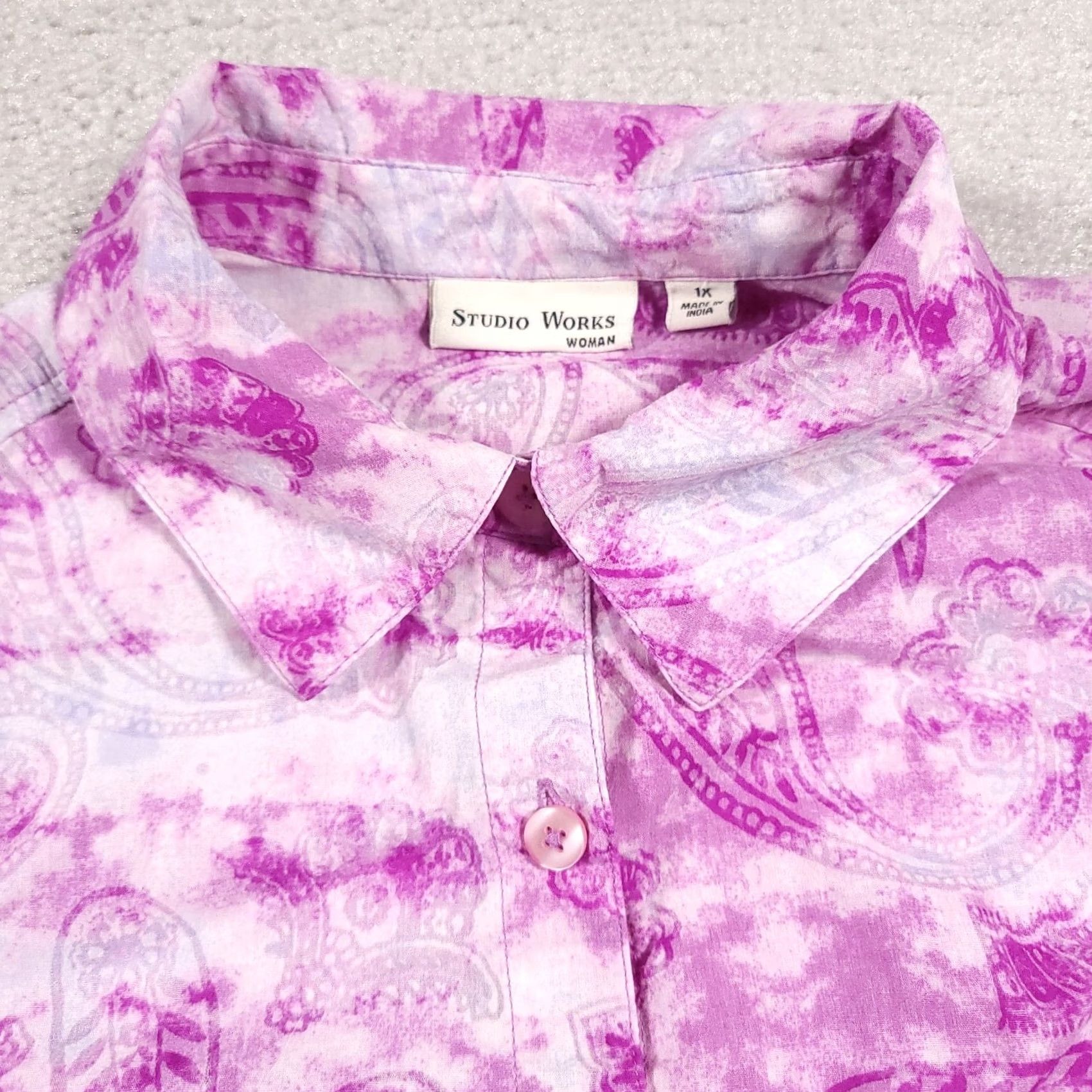 Vintage Studio Works Button Up Shirt Women's 1X Plus Purple Paisley Collared 3/4 Sleeve Size XL / US 12-14 / IT 48-50 - 4 Thumbnail