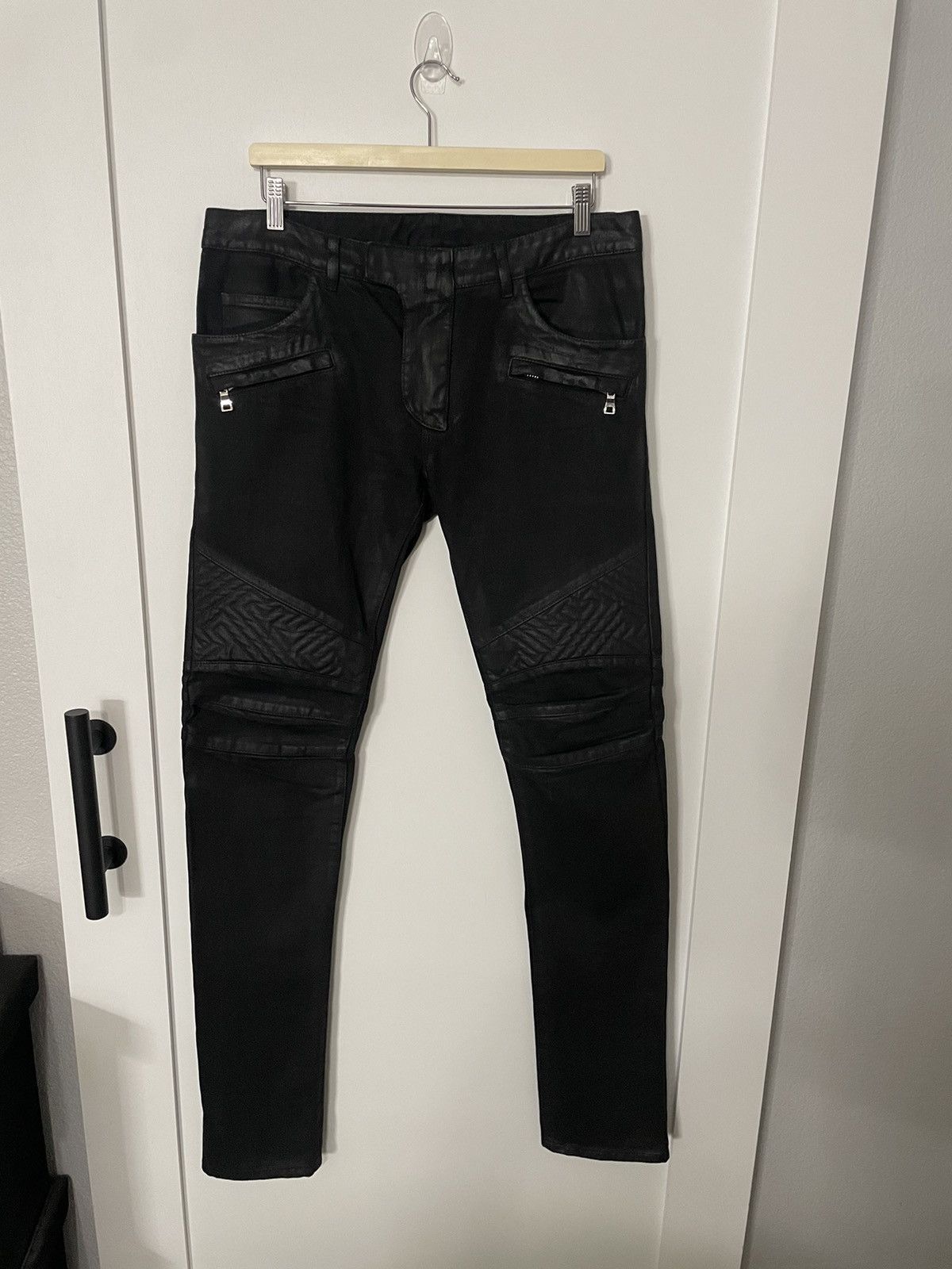 Balmain FW13 Waxed Geometric Biker Jeans