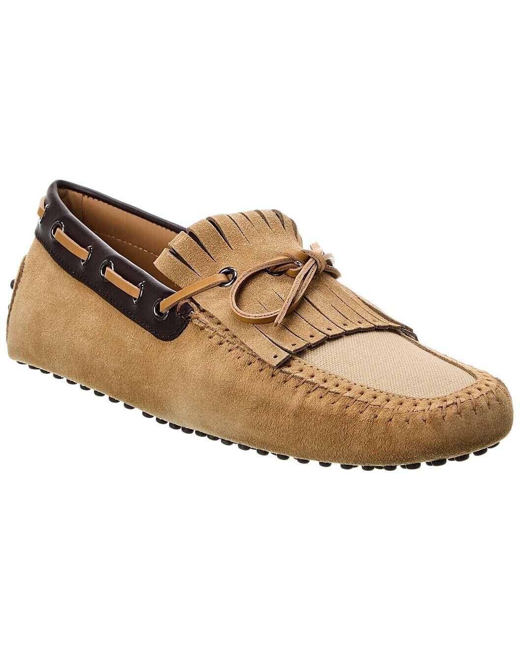 TOD'S Gommino Fringe Canvas Suede Loafers in Sand