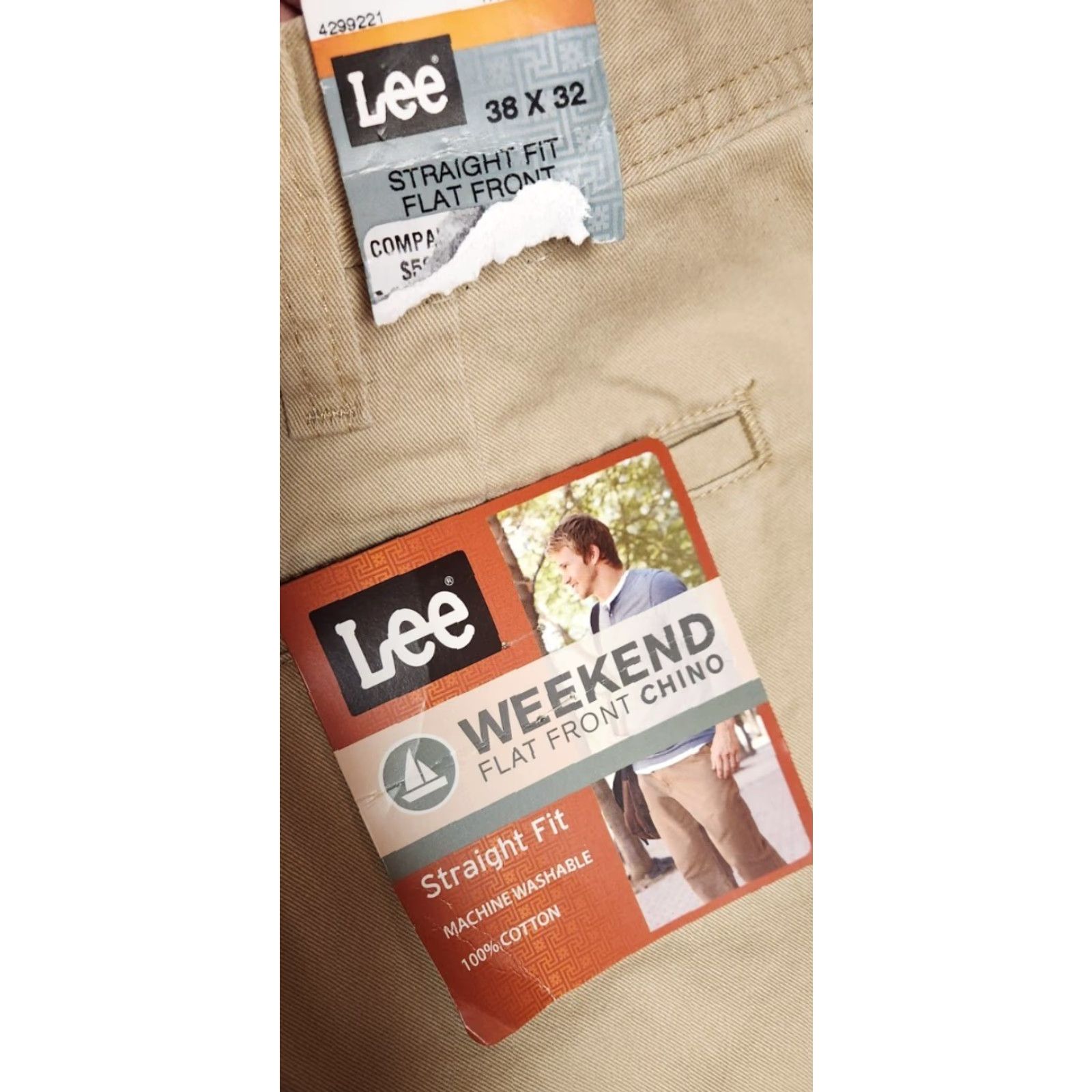Lee LEE Weekend Chino Pants Straight Men 38x32 Vintage NWT Beige Cotton Flat Front Regular Rise Adjustable? (remove?) Size US 38 / EU 54 - 4 Thumbnail