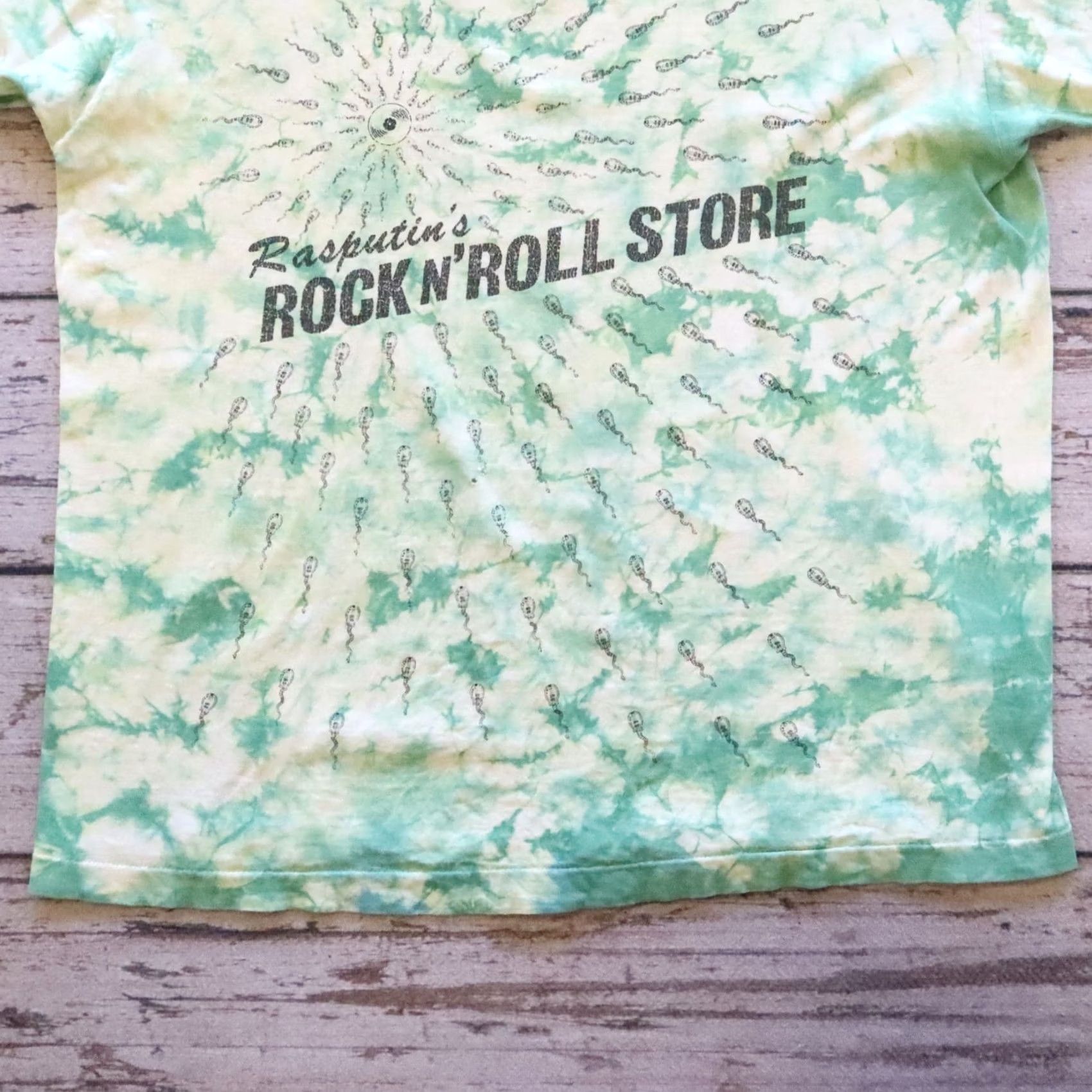 Vintage Rasputin's Vintage T-Shirt Sperm Tye Dye XXL Mens Cotton Green 2XL Shirt Rock N' Roll Store Sperm Tye Dye Tshirt 1980s Mens Size US XXL / EU 58 / 5 - 2 Thumbnail