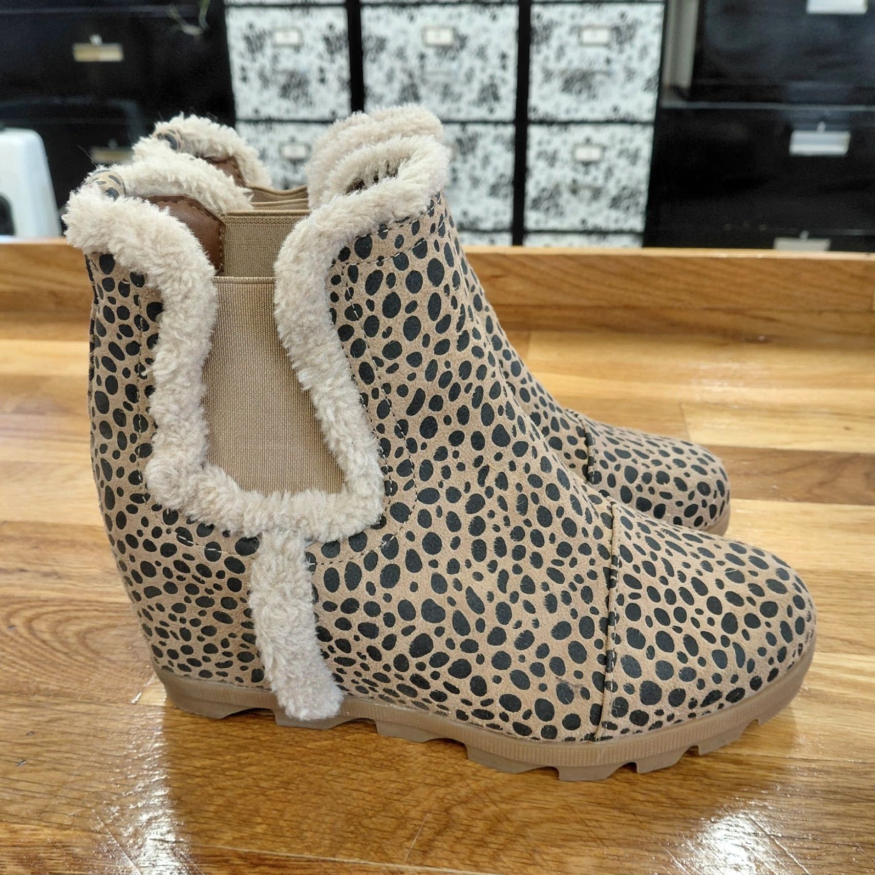 Sugar Sugar Haylei Wedge Booties Women's 7.5 M Animal Print Faux Fur Hidden Heel Suede Ankle Boots Womens Shoes Size US 8 / IT 38 - 5 Thumbnail