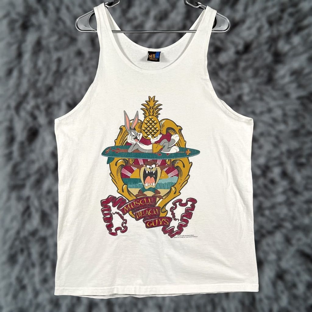 Sunray Sportswear VINTAGE Sun Sportswear Shirt Mens L Looney Tunes Muscle Beach Bugs Taz 1995 White Cotton Sleeveless Graphic Print Beach Surf Size US L / EU 52-54 / 3 - 1 Thumbnail