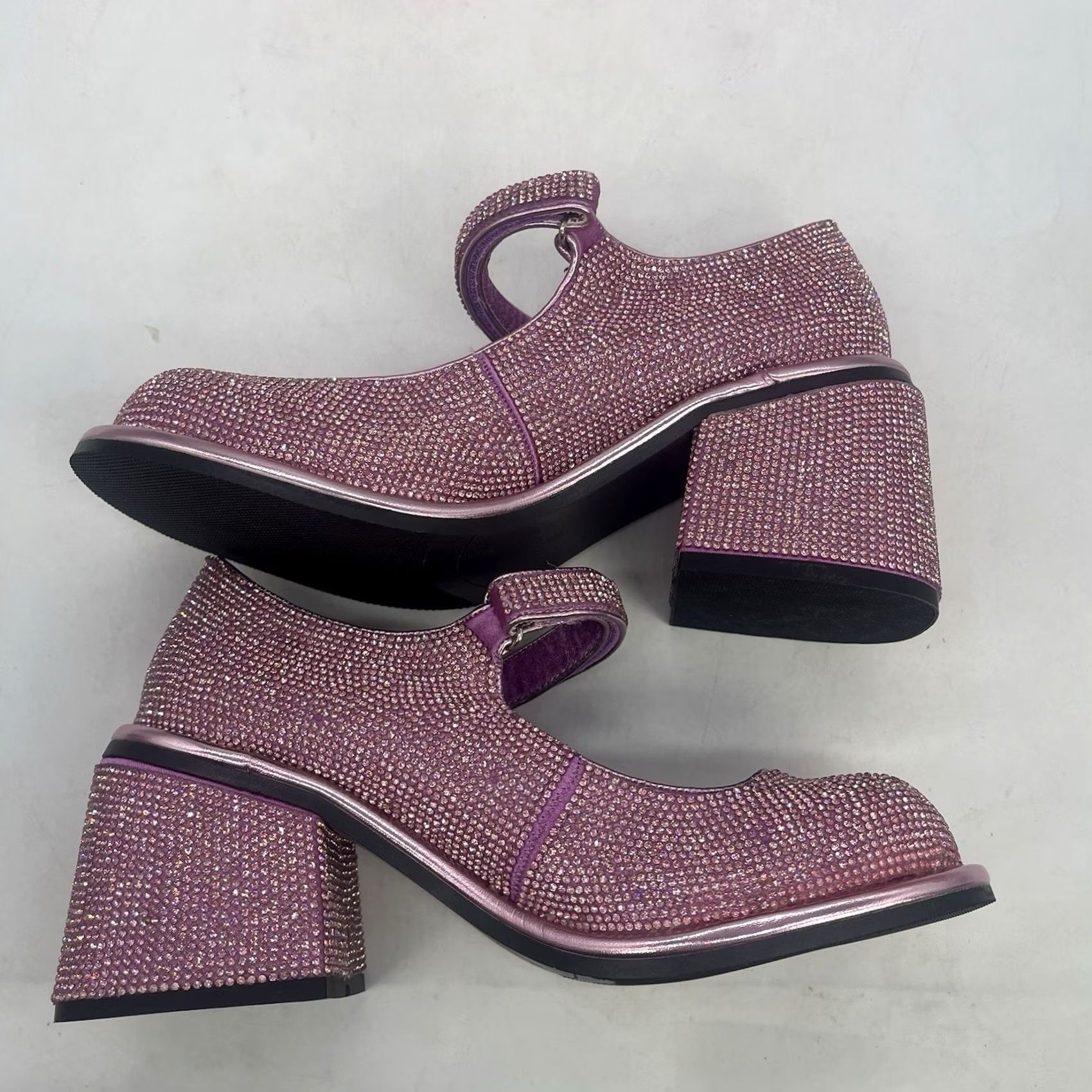 Vintage Sugar Thrillz Platform Heels Womens 8M Pink Glitter Rhinestone Block Heel 4in Buckle New w Box Size US 8 / IT 38 - 4 Thumbnail
