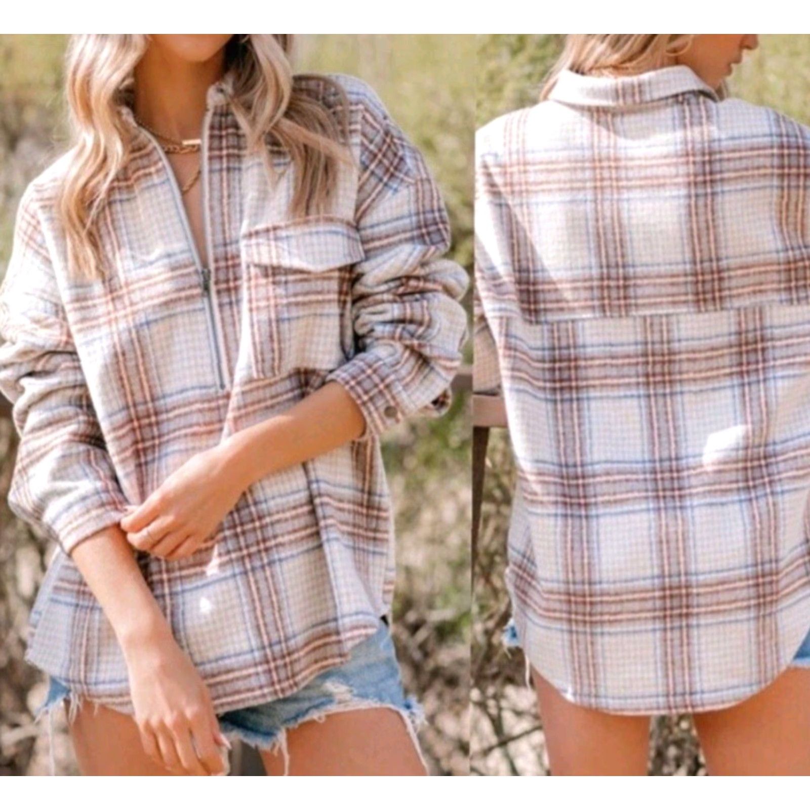 Vintage Women's Pullover Jacket Size 2XL Tan/Blue Pocket Plaid Half Zip Sweatshirt Shirt Size XXL / US 16-18 / IT 52-54 - 2 Thumbnail