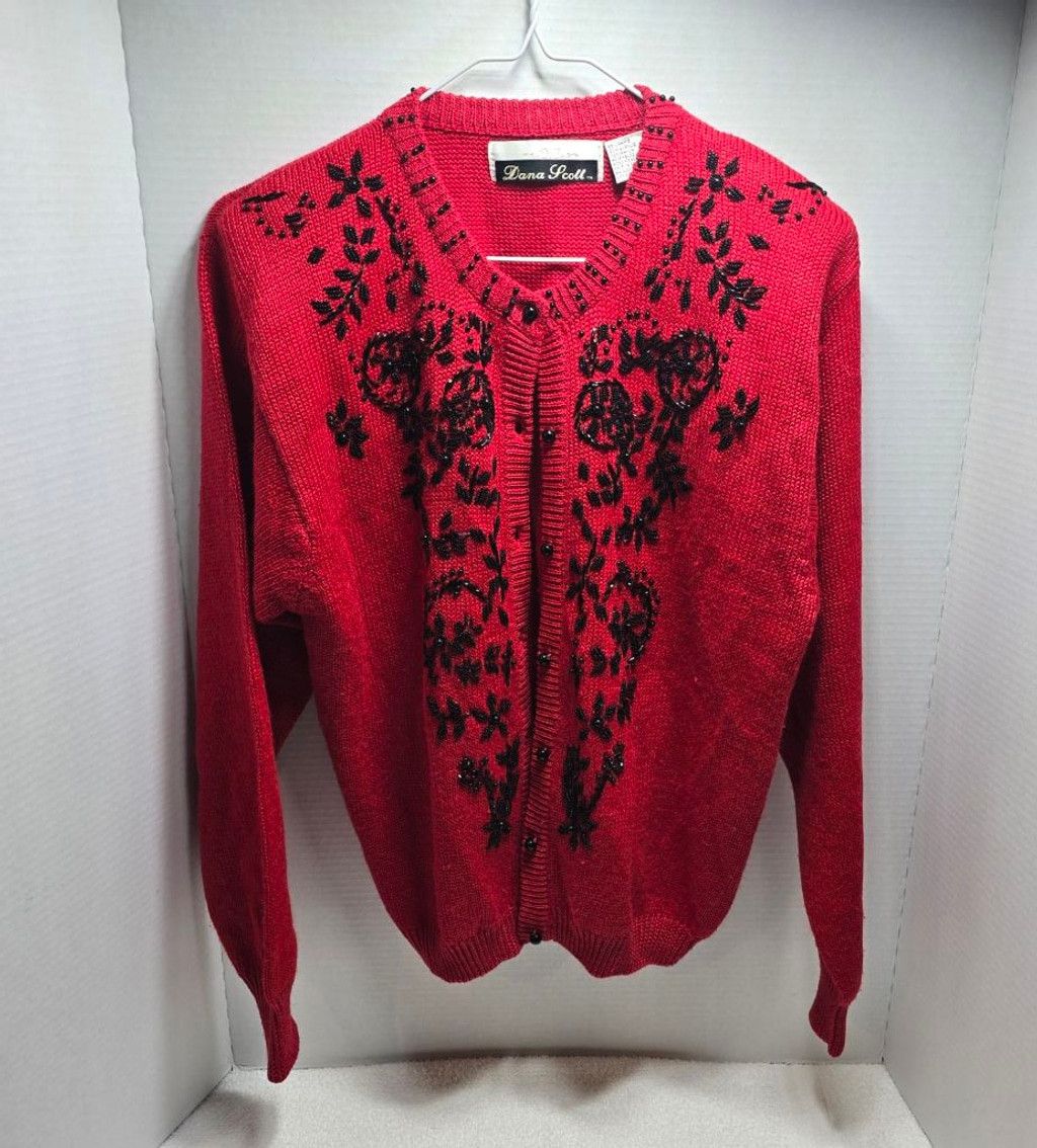 The Unbranded Brand Women's Dana Scott Red & Black Beaded Cardigan Sweater M Size M / US 6-8 / IT 42-44 - 1 Thumbnail