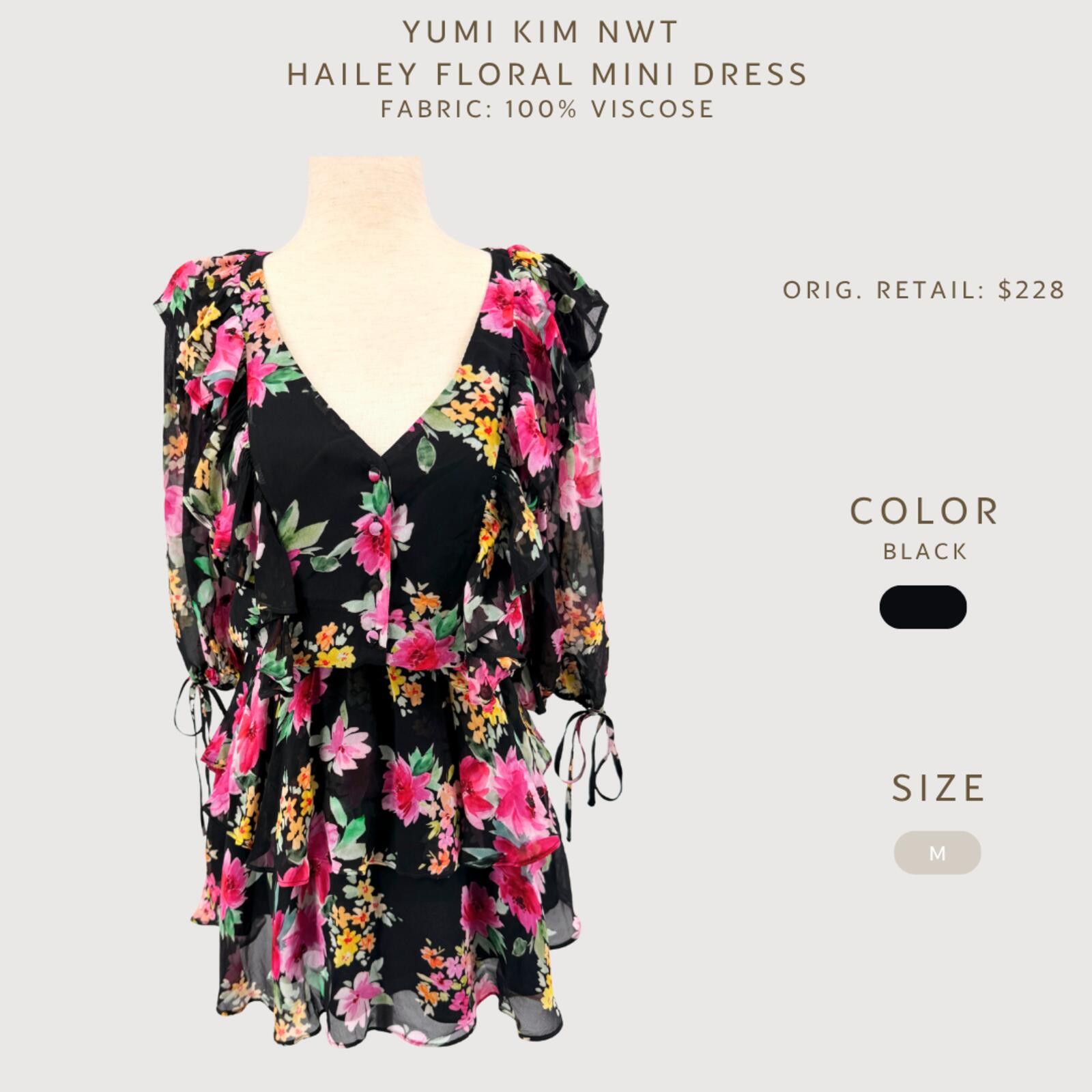 Other Yumi Kim Hailey Floral Mini Dress Black Silk Feel NWT M Size M / US 6-8 / IT 42-44 - 2 Thumbnail