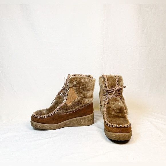 Other Vintage 70s Snow Land Brown Suede Faux Fur Wedge Ankle Boots Size US 8 / IT 38 - 2 Thumbnail