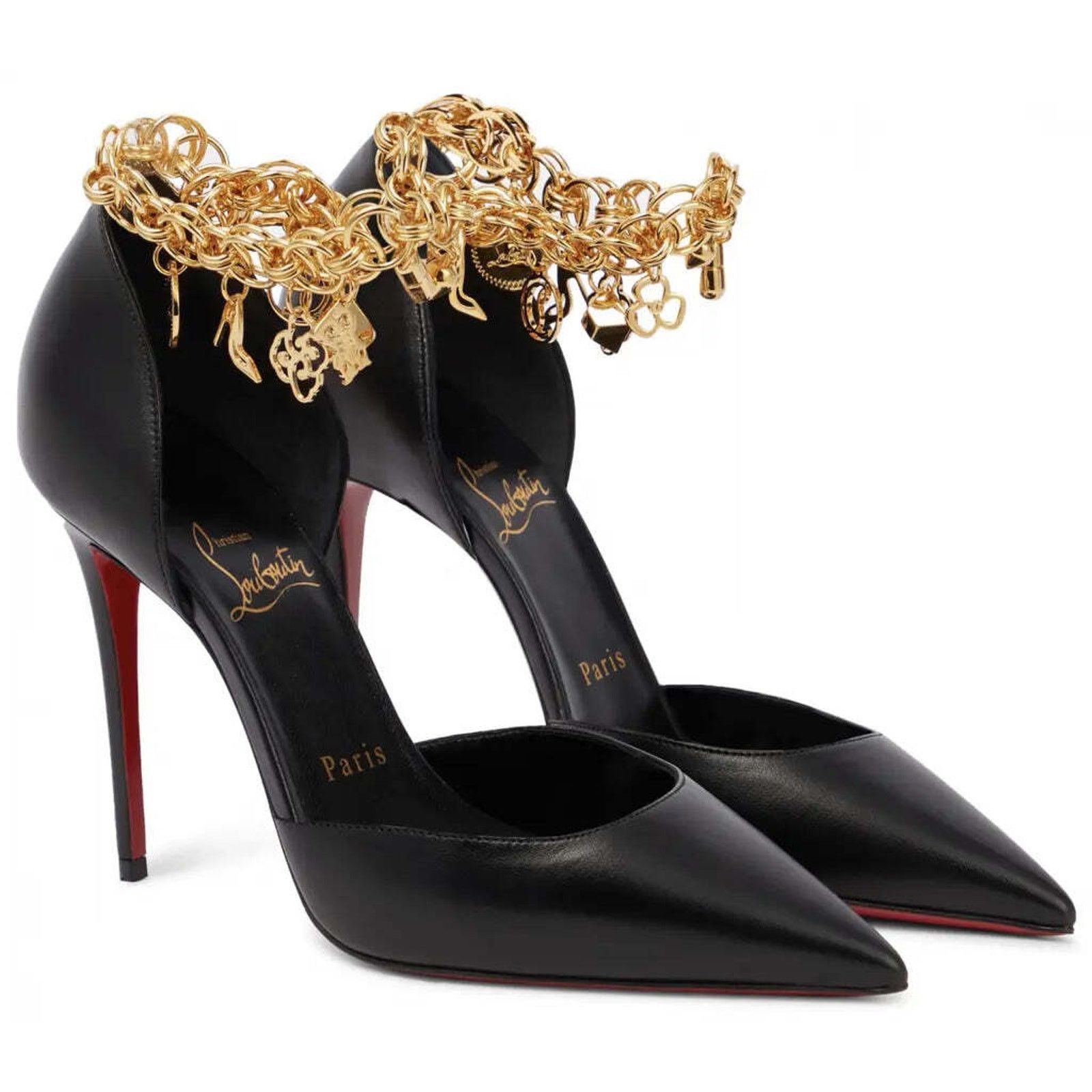 Christian Louboutin Gourmi Pump 100 Black Gold Charm Ankle Strap Pointed Heel 42 Size US 12 / IT 42 - 1 Thumbnail