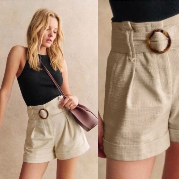 Sezane Sezane Design Rome Beige Belted Cuff Shorts buckle high-rise Size 27" / US 4 / IT 40 - 4 Thumbnail