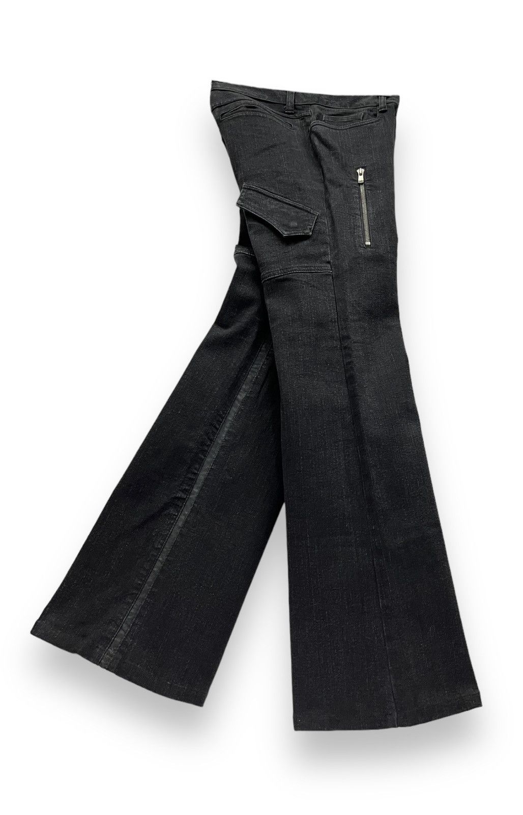 image of Avant Garde x Bajra Inseam Leather Trim Stretch Denim Flared Pants in Black, Men's (Size 26)