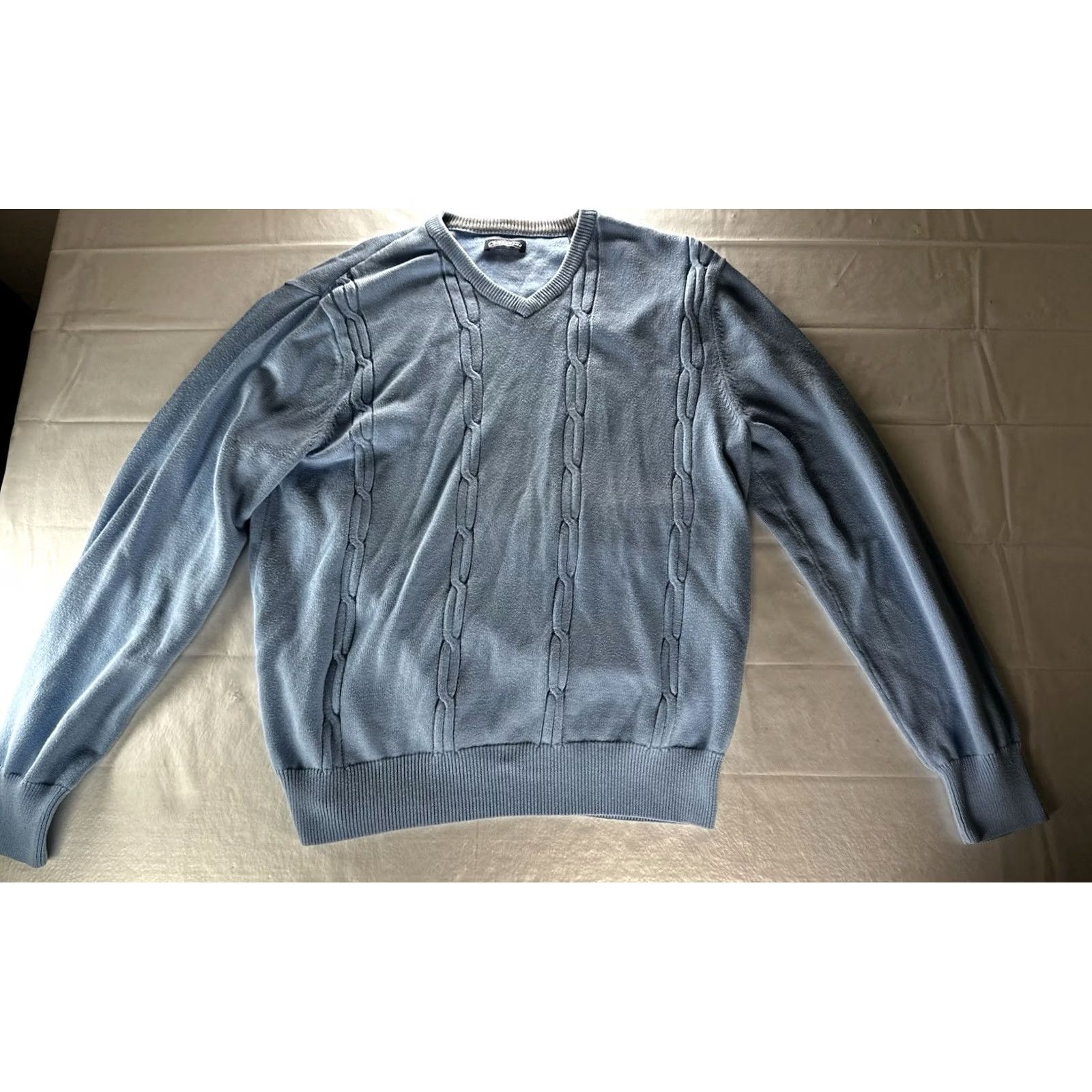 Vintage Consensus Mens Medium Light Blue Cotton V-Neck Cable Knit Sweater Preppy Size M / US 6-8 / IT 42-44 - 2 Thumbnail