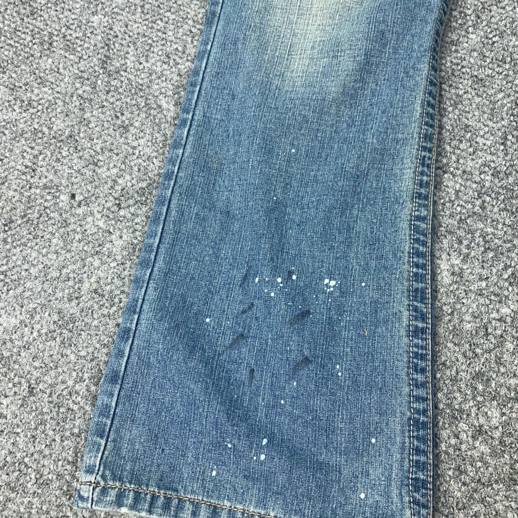 Carbon Carbon Boot Cut Jeans Mens 34x32 Blue Denim Faded Distressed Paint Splatter Size US 35 - 7 Thumbnail