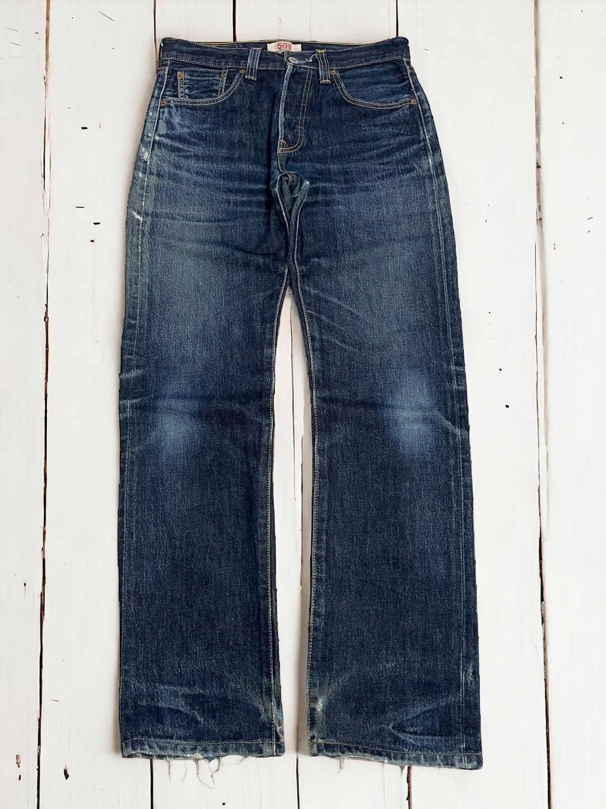 Levis 501 Straight Leg Buttonfly Dark Denim Distressed